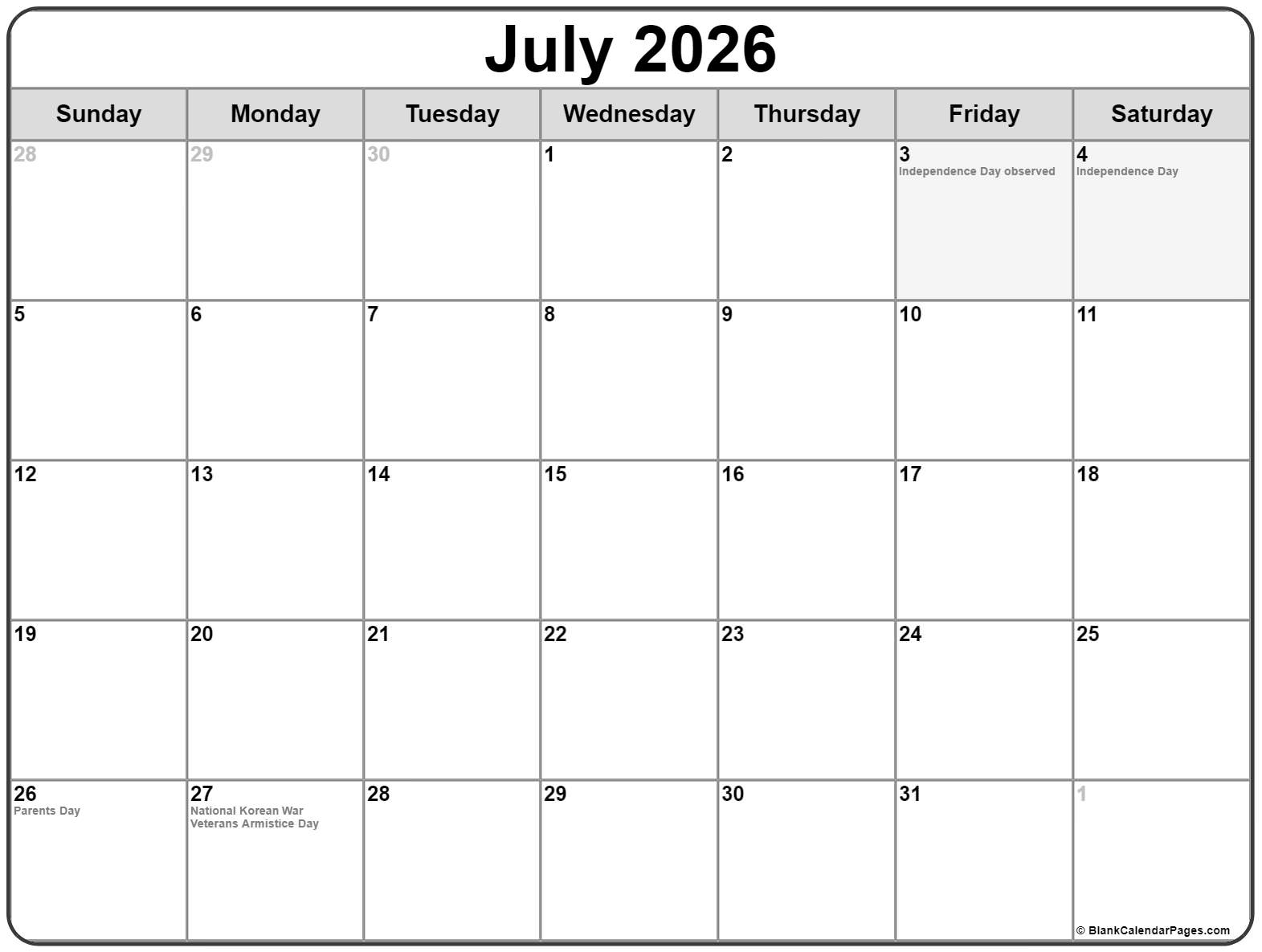 July 2026 With Holidays Calendar July 2026 With Holidays Calendar