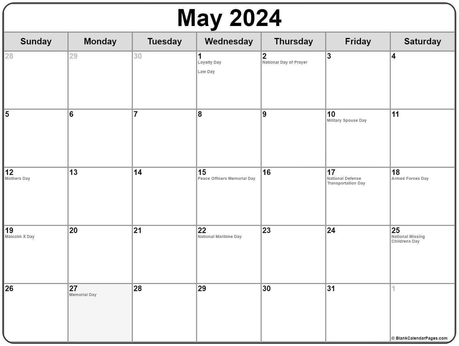 May 2024 With Holidays Calendar