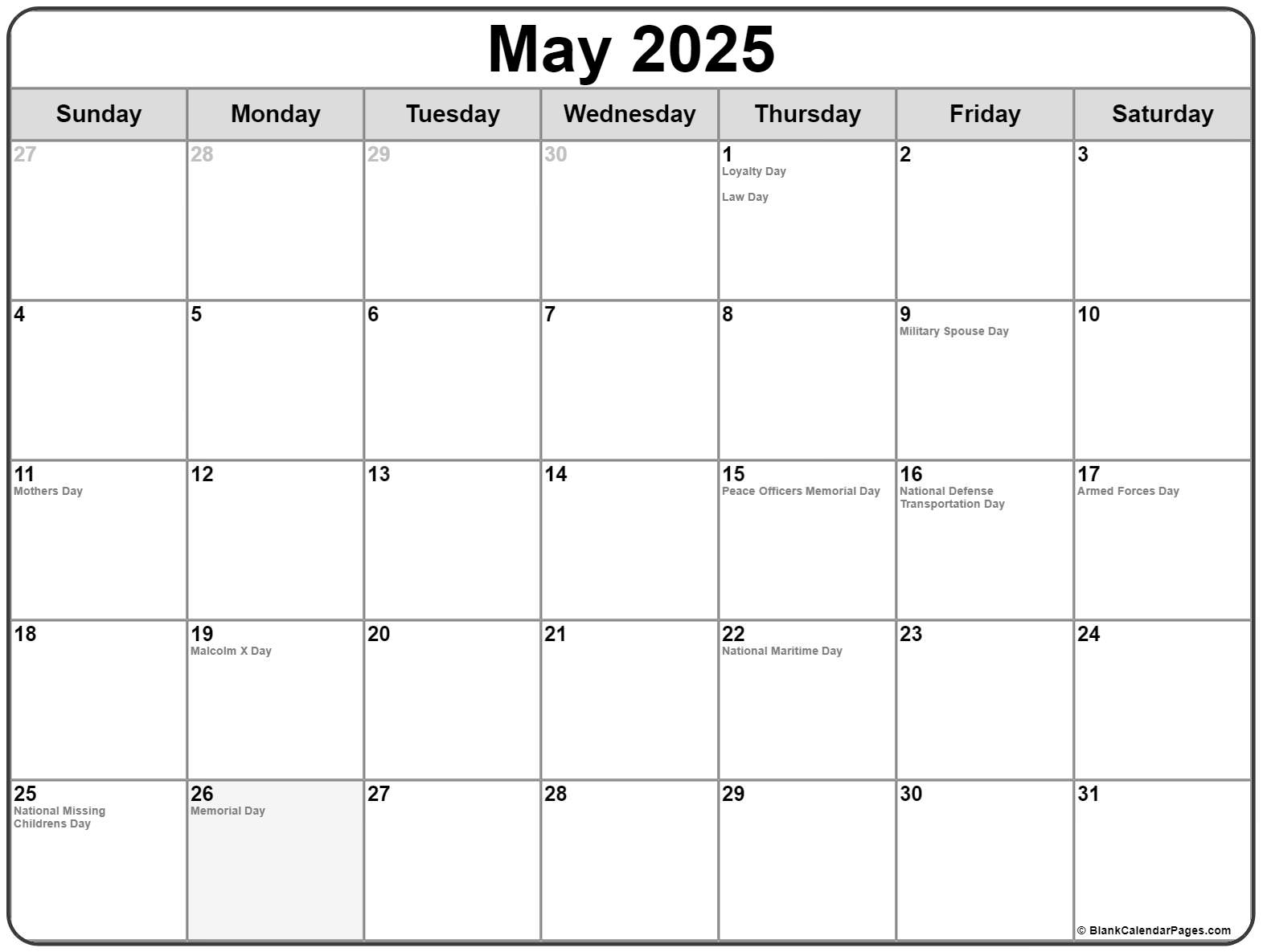 May Calendar 2025 With Holidays 
