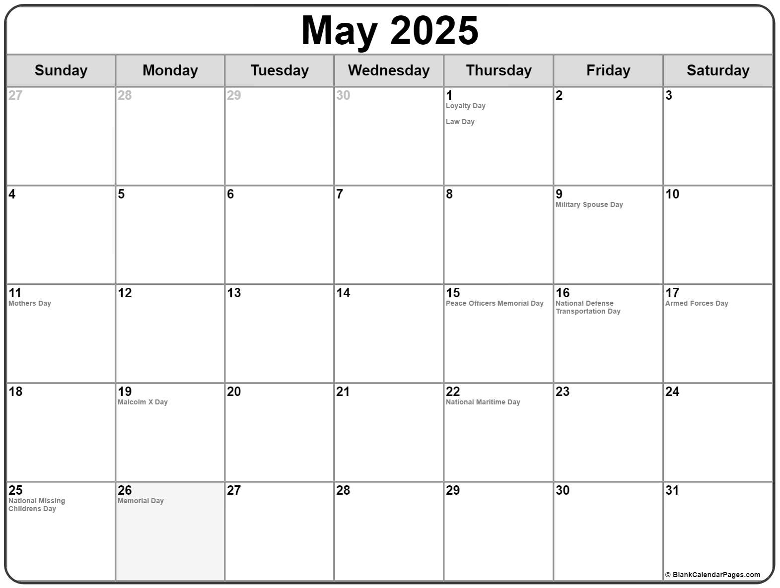 May 2025 with holidays calendar