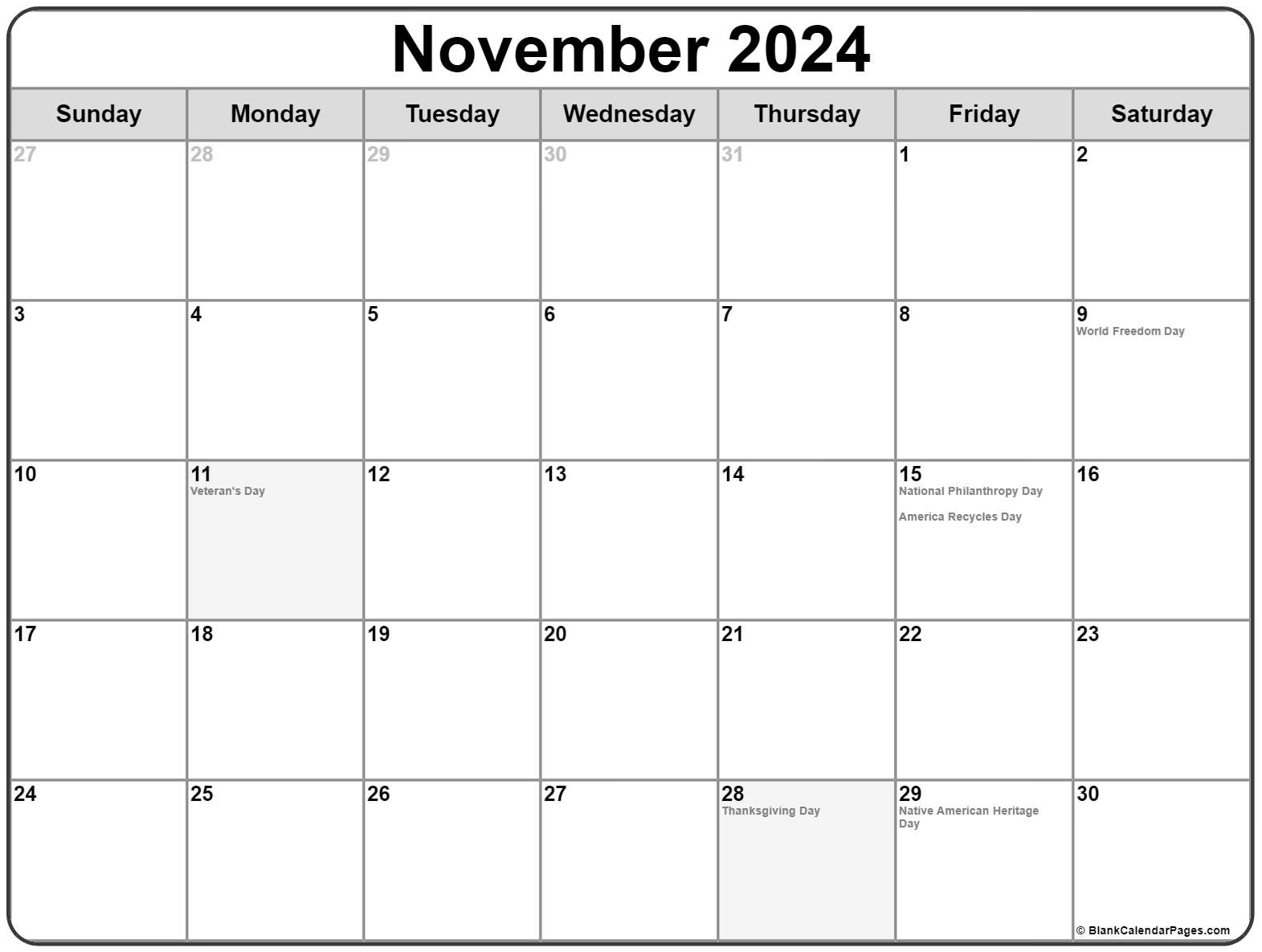 November 2018 Calendar With Holidays List