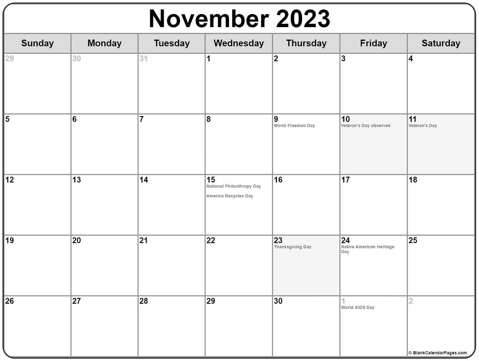 November 2023 Calendar With Holidays Printable Free