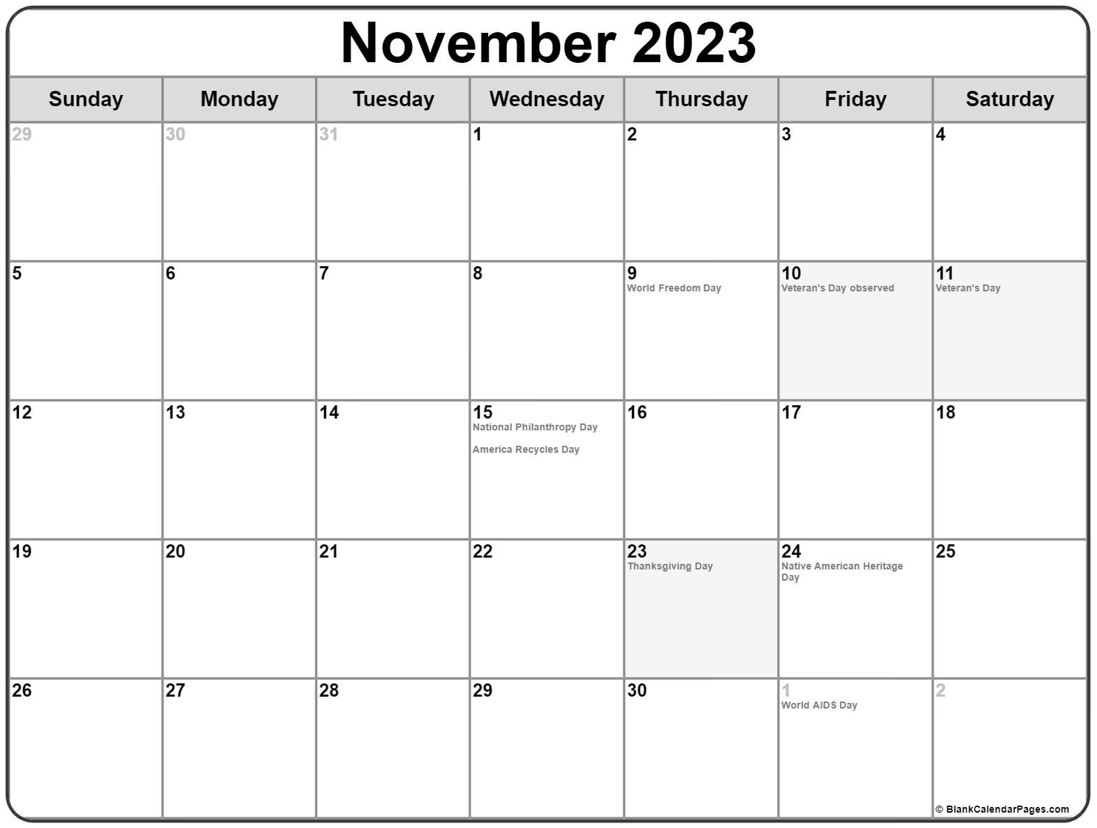 November 2023 with holidays calendar