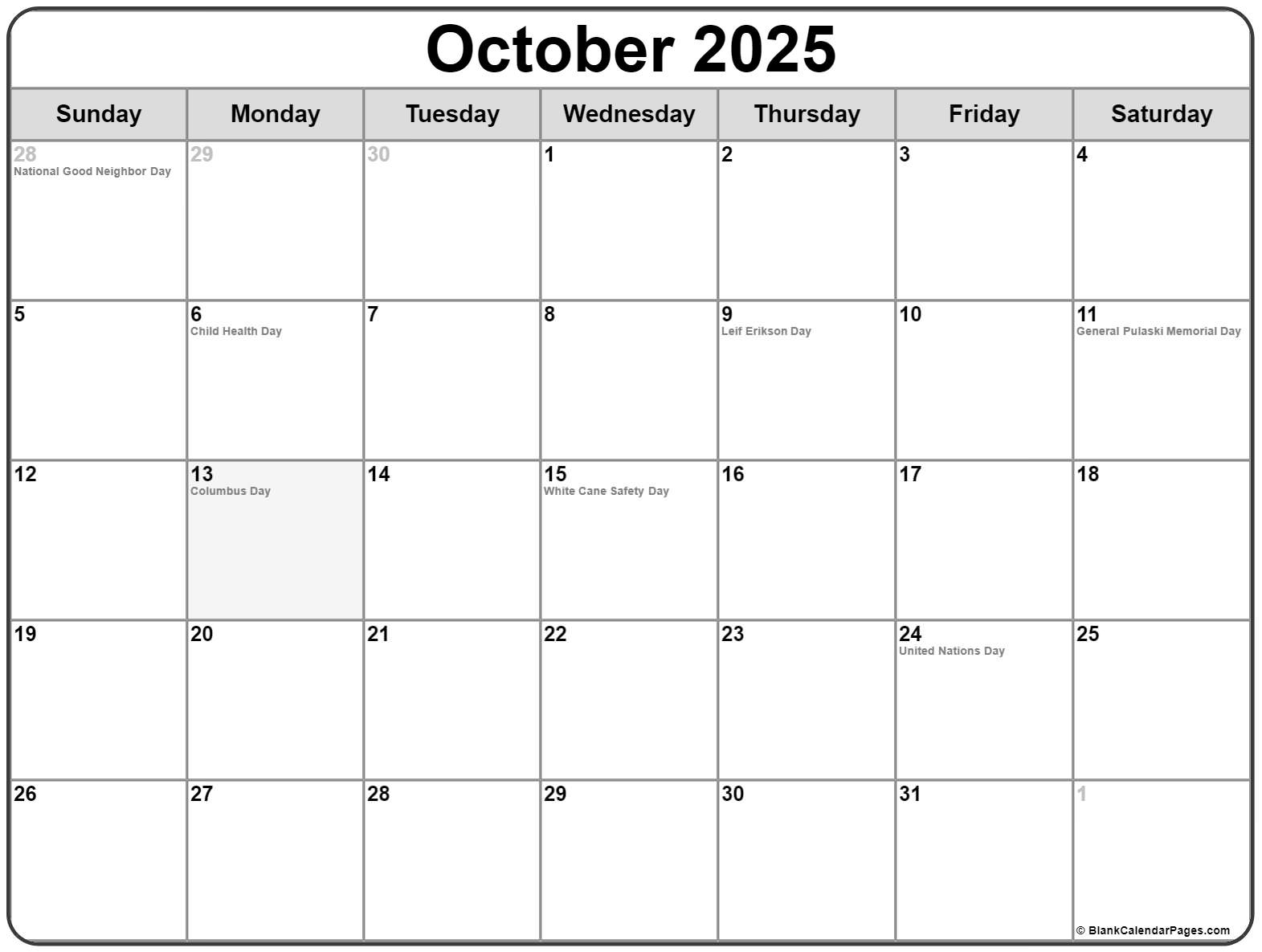 October 2025 with holidays calendar