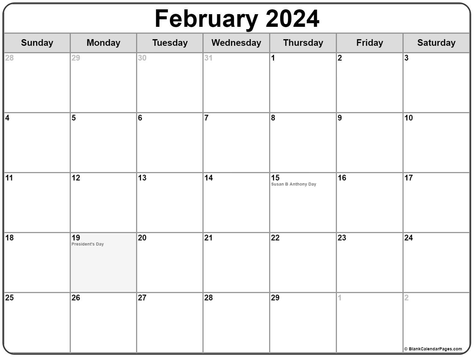 february 2024 with holidays calendar