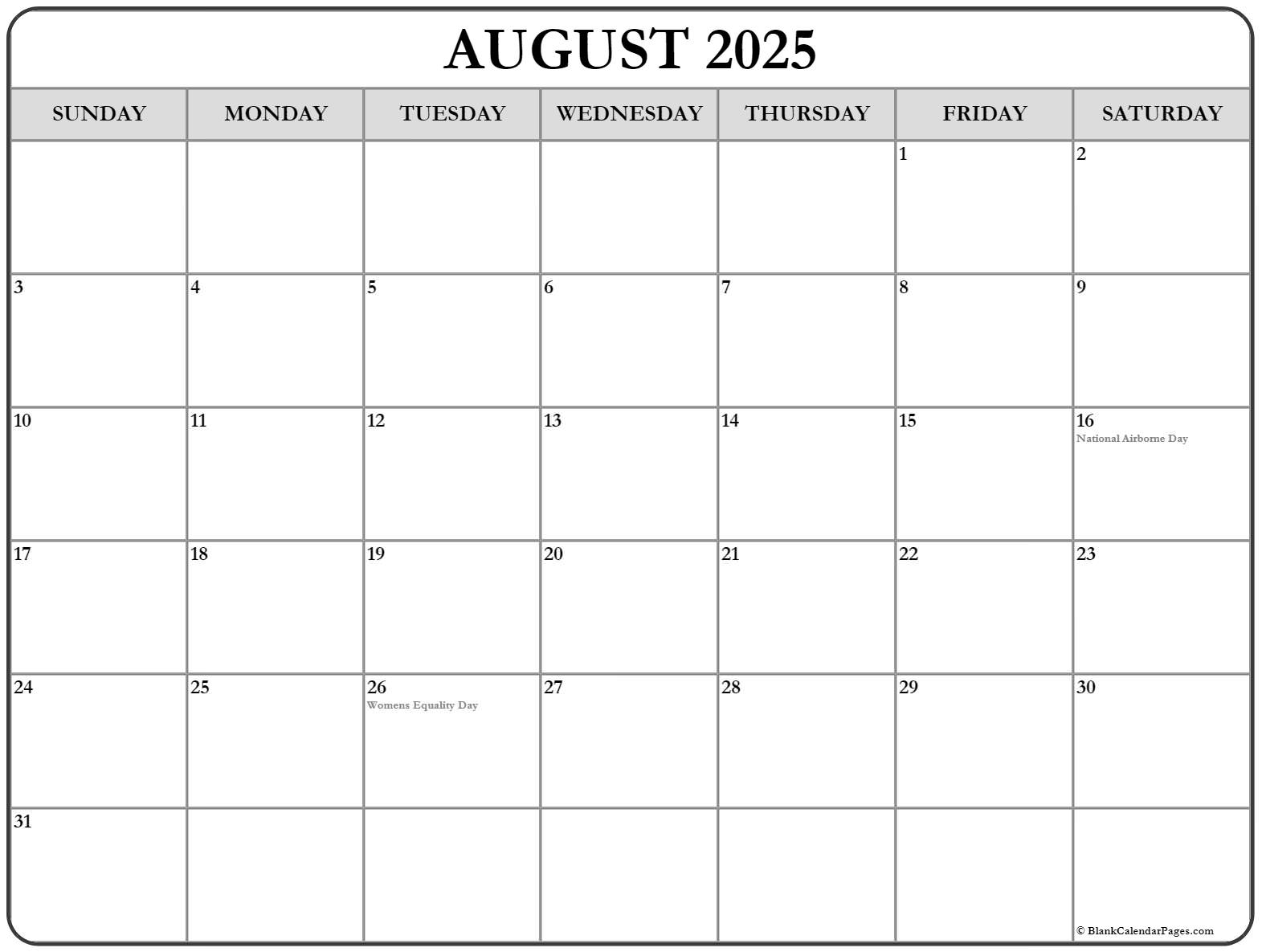 August 2025 With Holidays Calendar