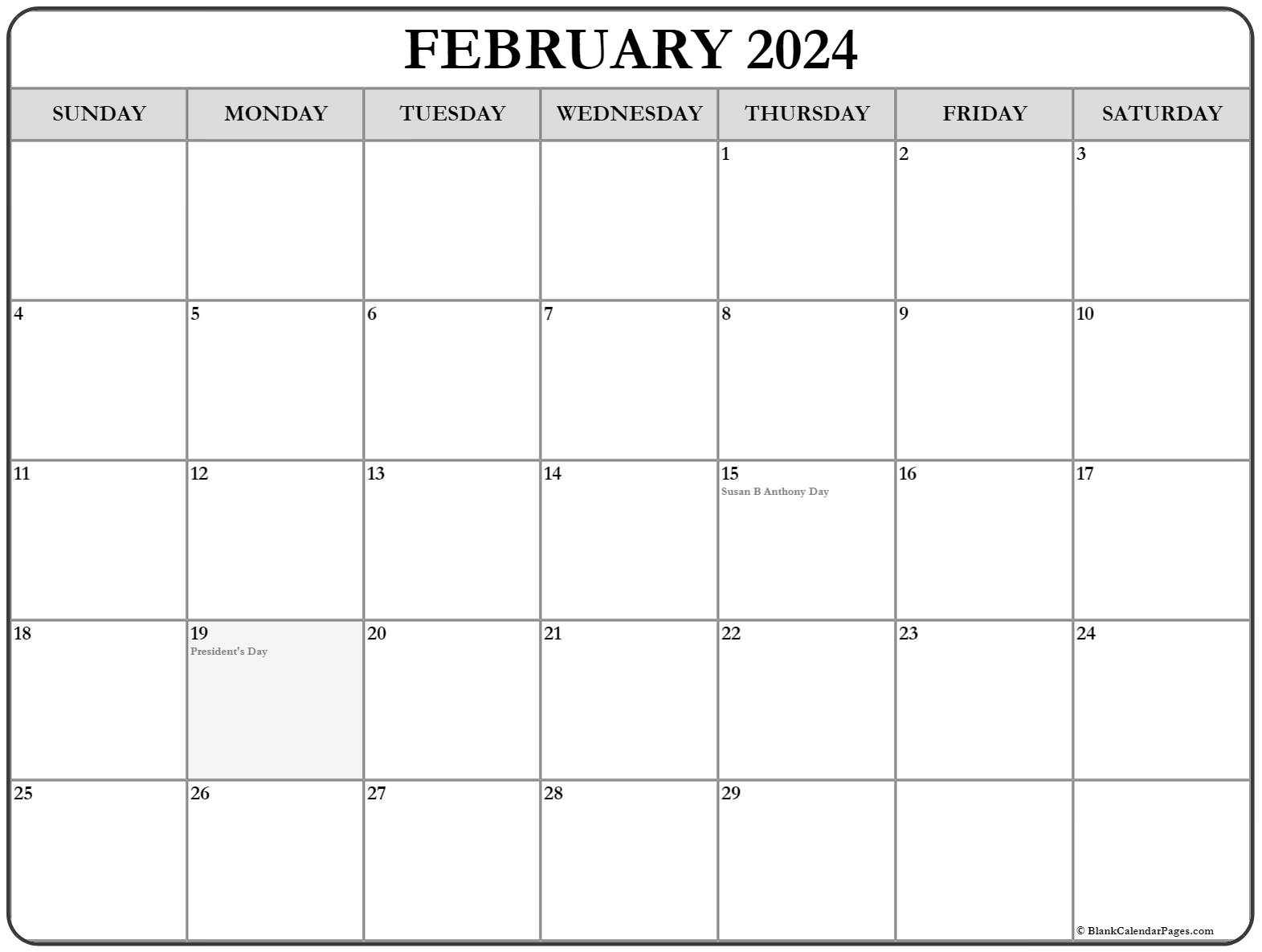 February 2024 With Holidays Calendar