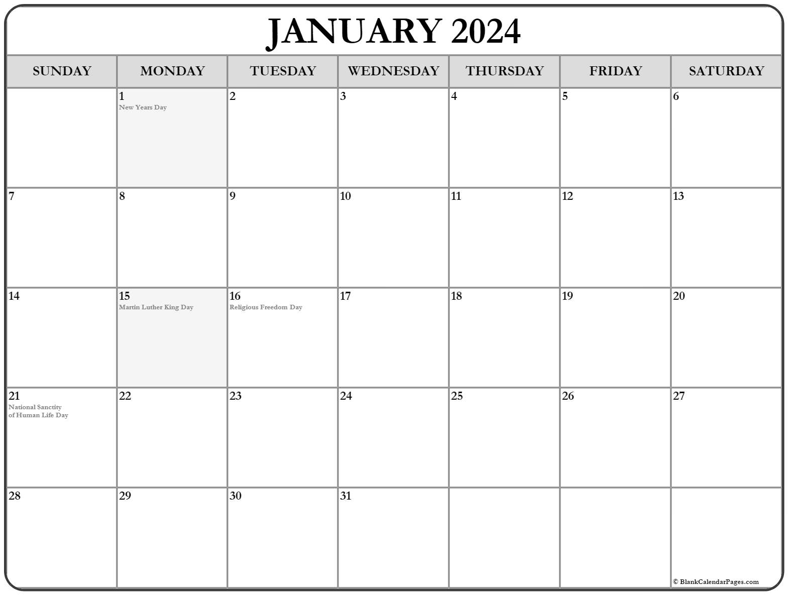 January 2022 calendar with holidays