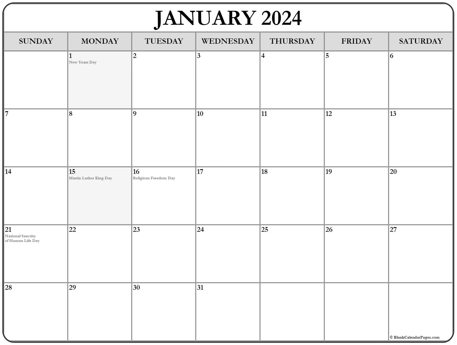 January 2024 with holidays calendar