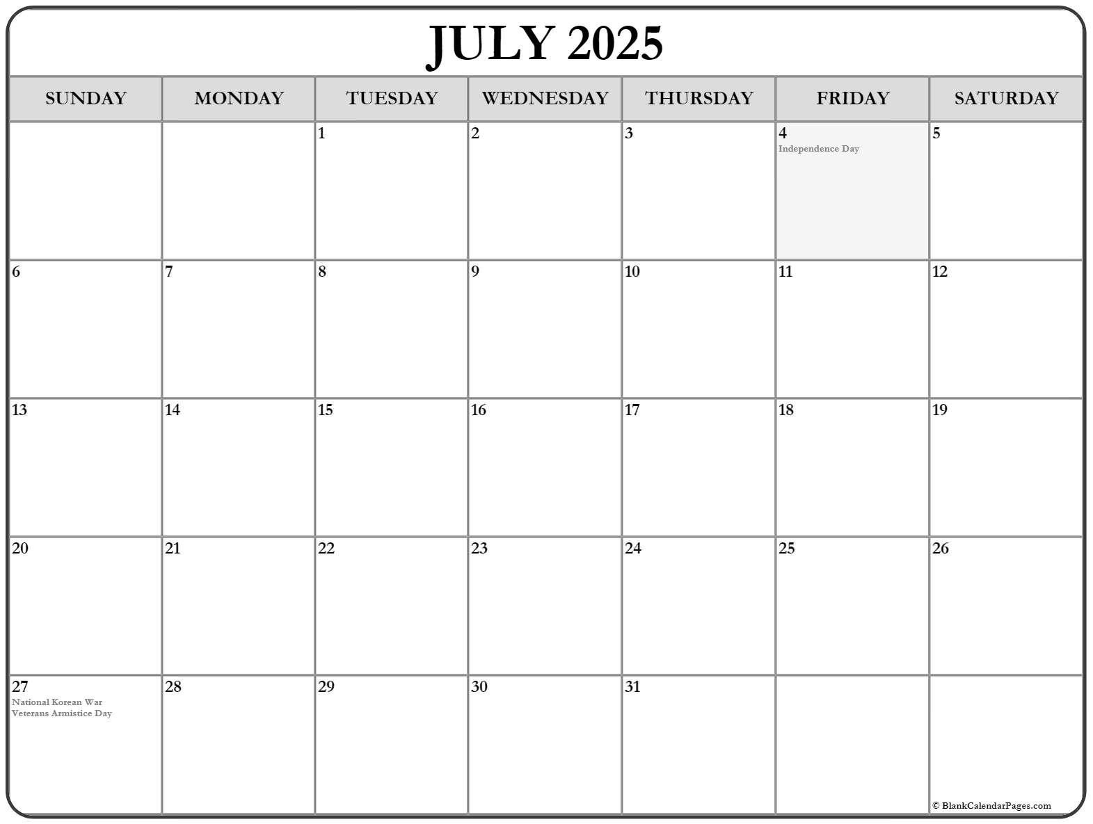 July 2025 With Holidays Calendar