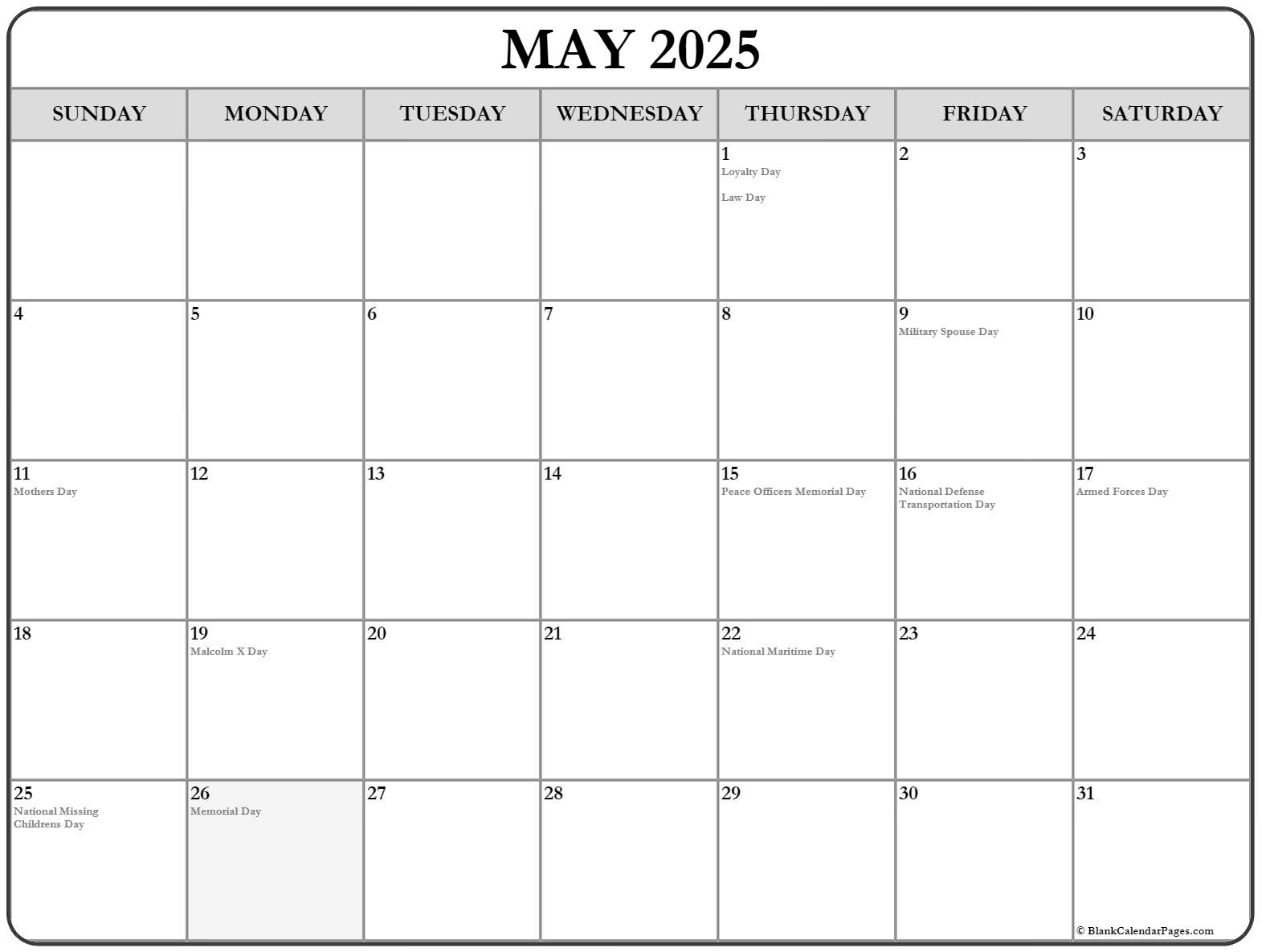 May 2025 with holidays calendar