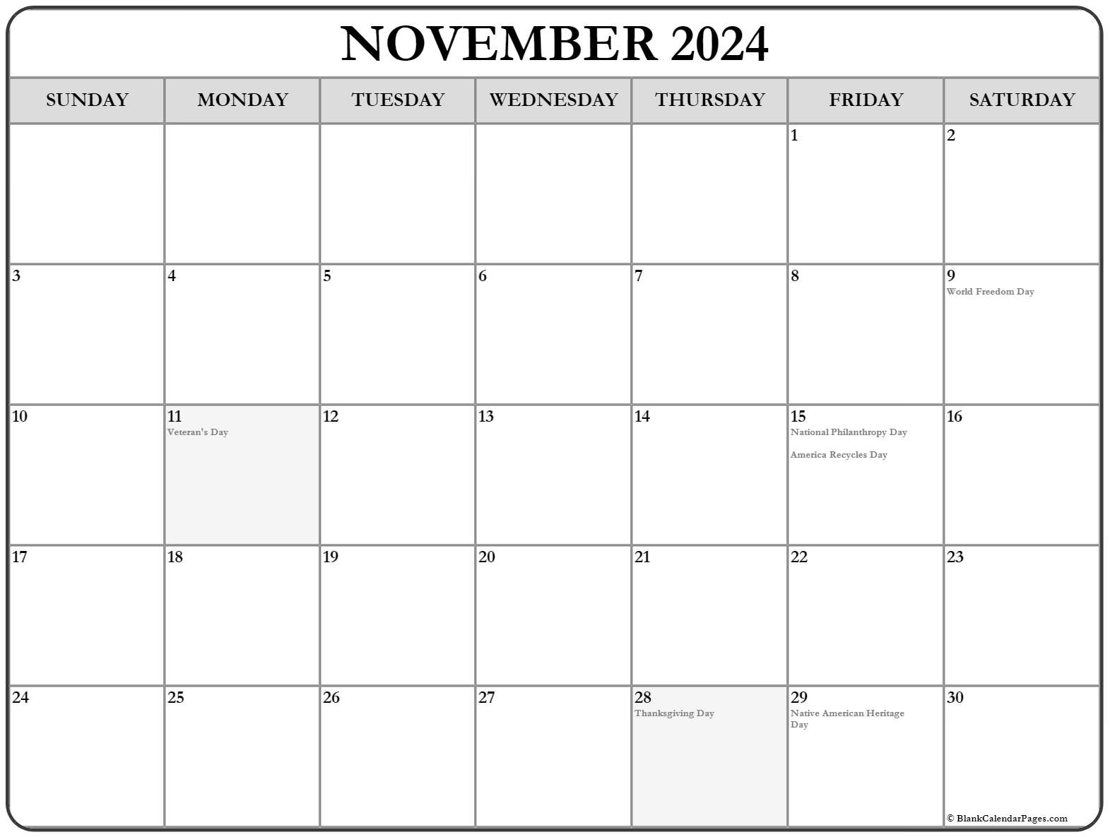 November 2024 Calendar With Holidays Printable 2024 CALENDAR PRINTABLE