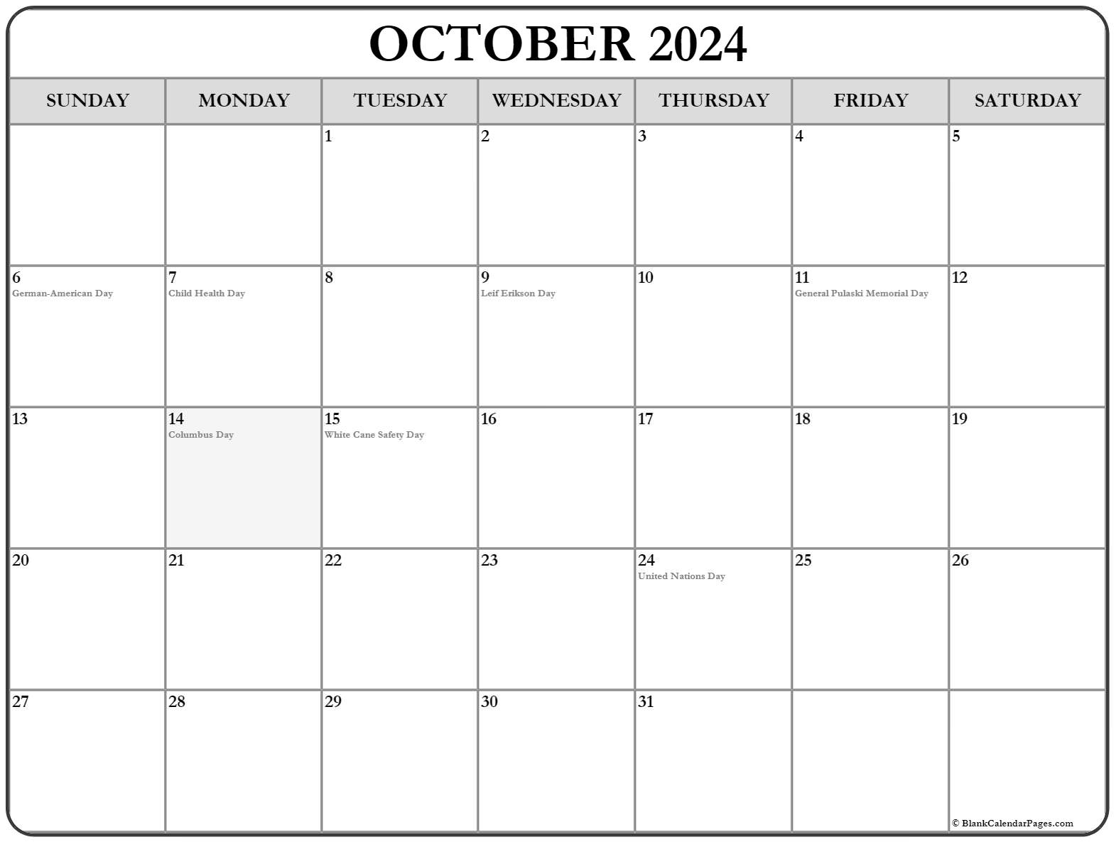 October 2024 With Holidays Calendar