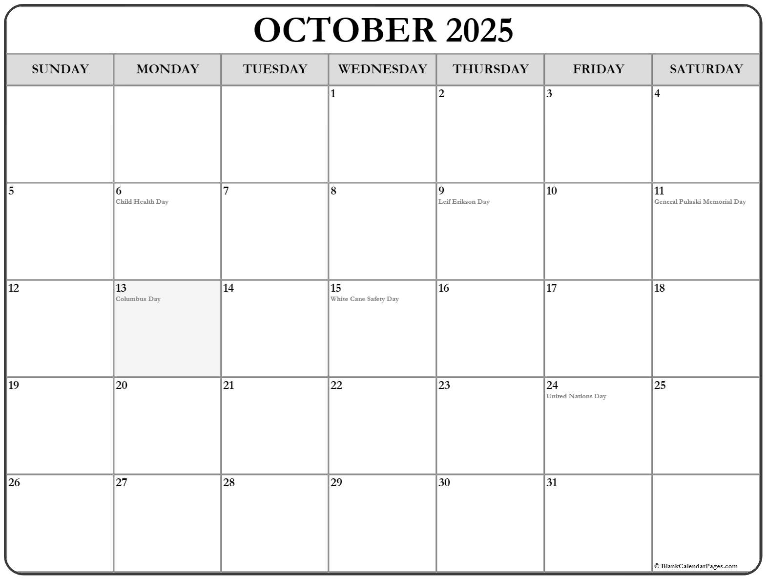 Blank Calendar October 2025