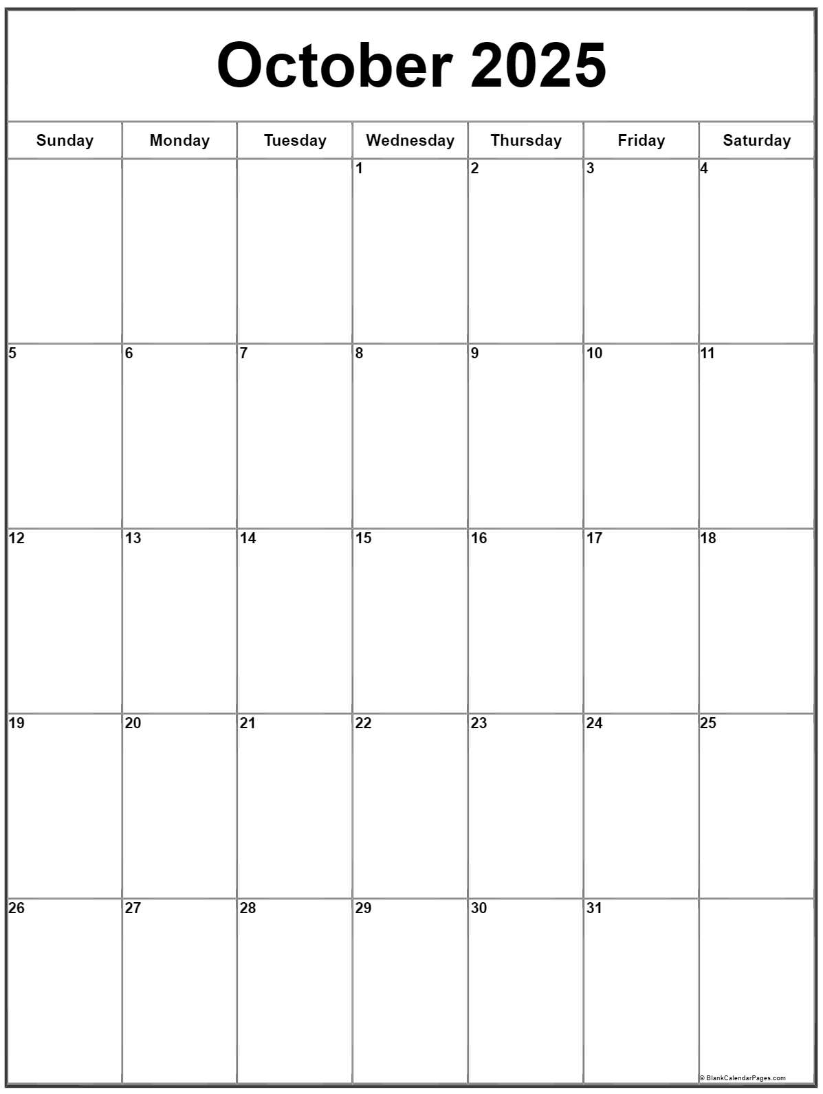 October 2025 Calendar Template Printable Free 2025