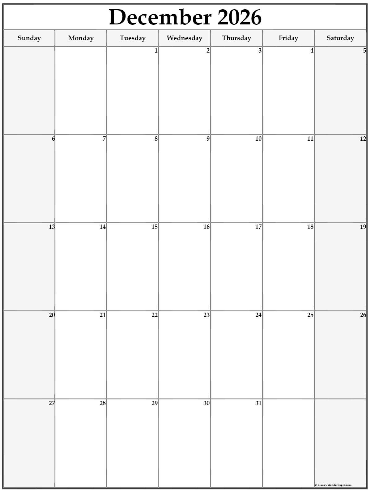 December 2026 Vertical Calendar Portrait
