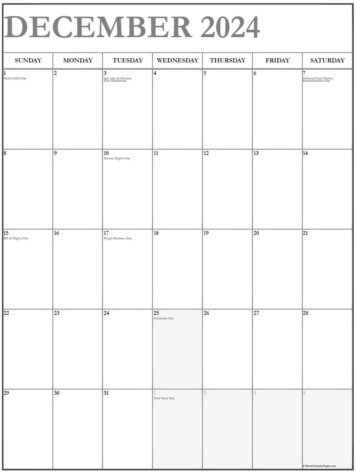 December 2024 Vertical Calendar Portrait