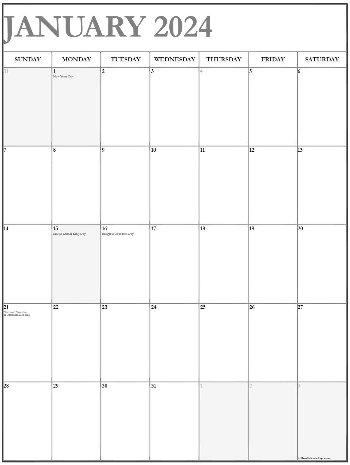 January 2022 Vertical Calendar Portrait
