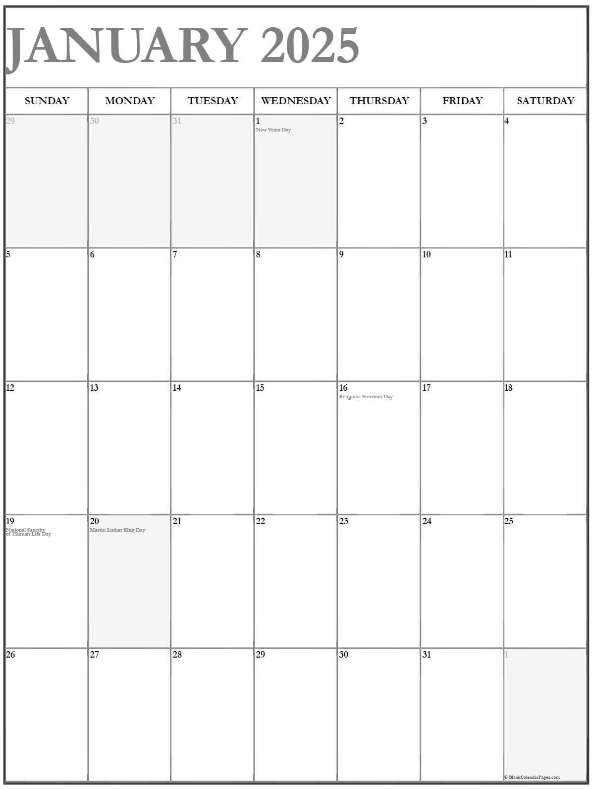 2025 Blank Calendar January 2025 Printable Andi Jillane