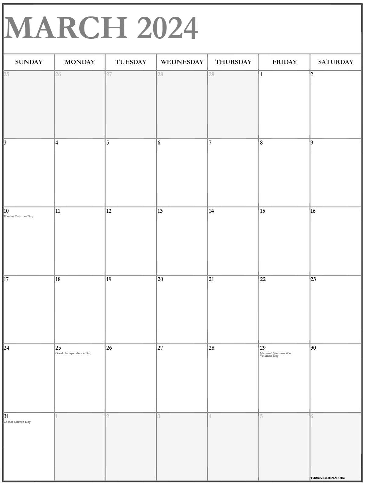 March 2021 Vertical Calendar | Portrait