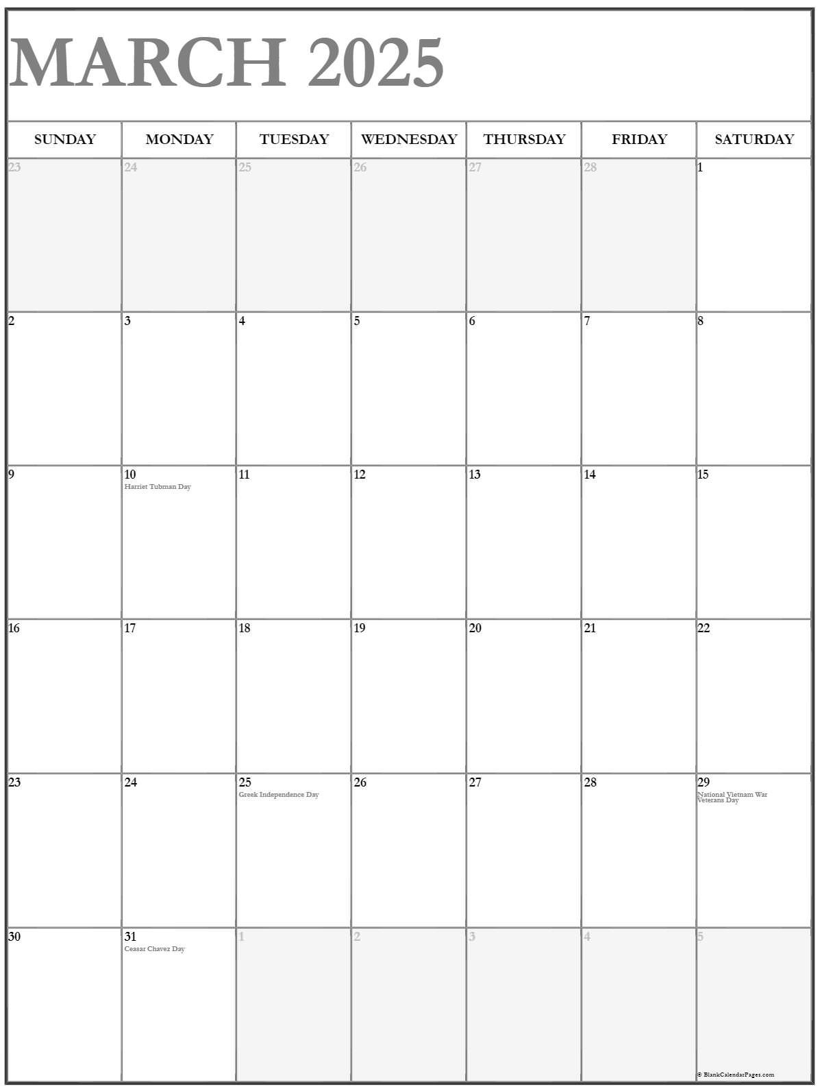 March 2025 Vertical Calendar Portrait