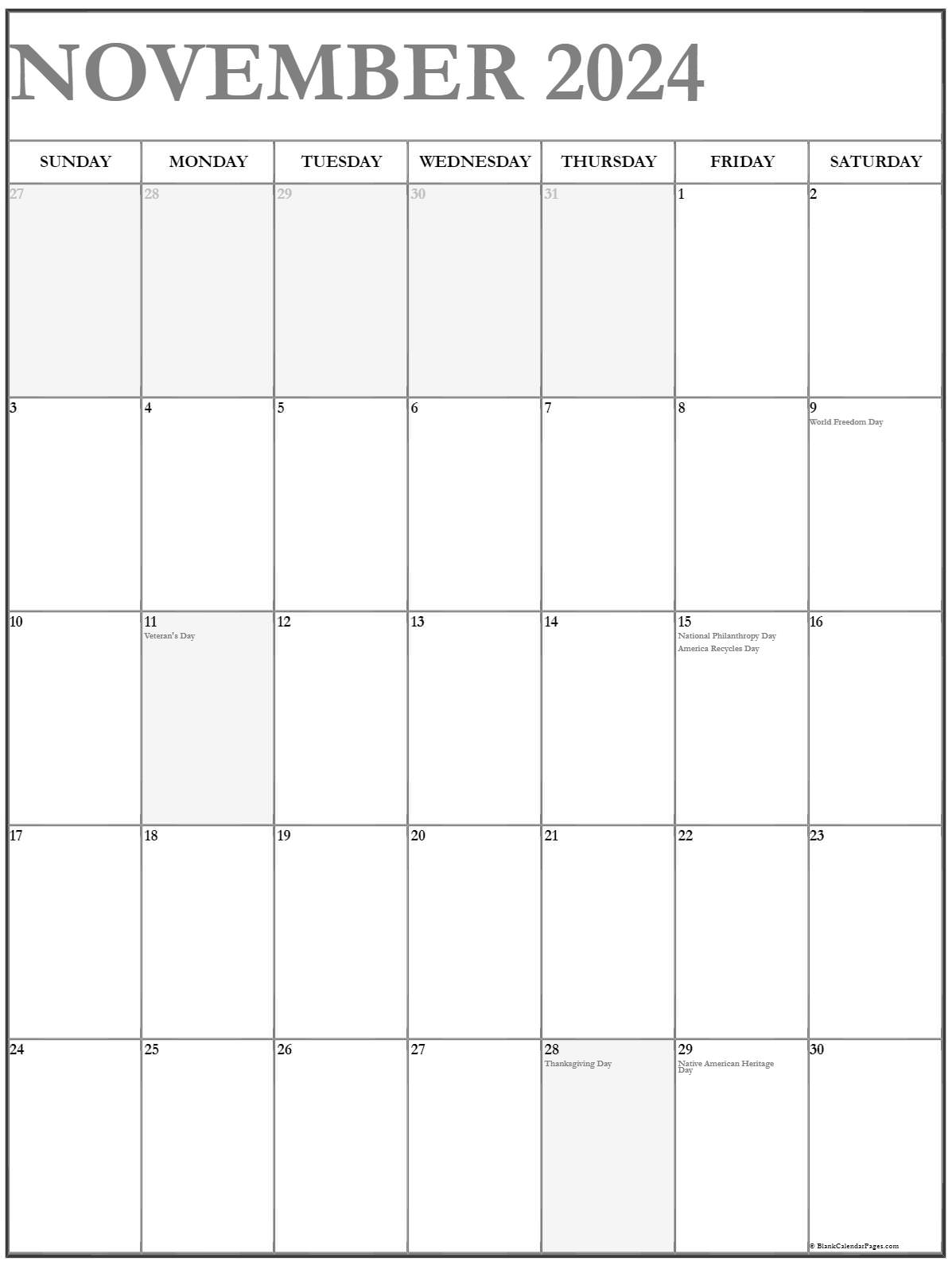 November 2020 Vertical Calendar Portrait