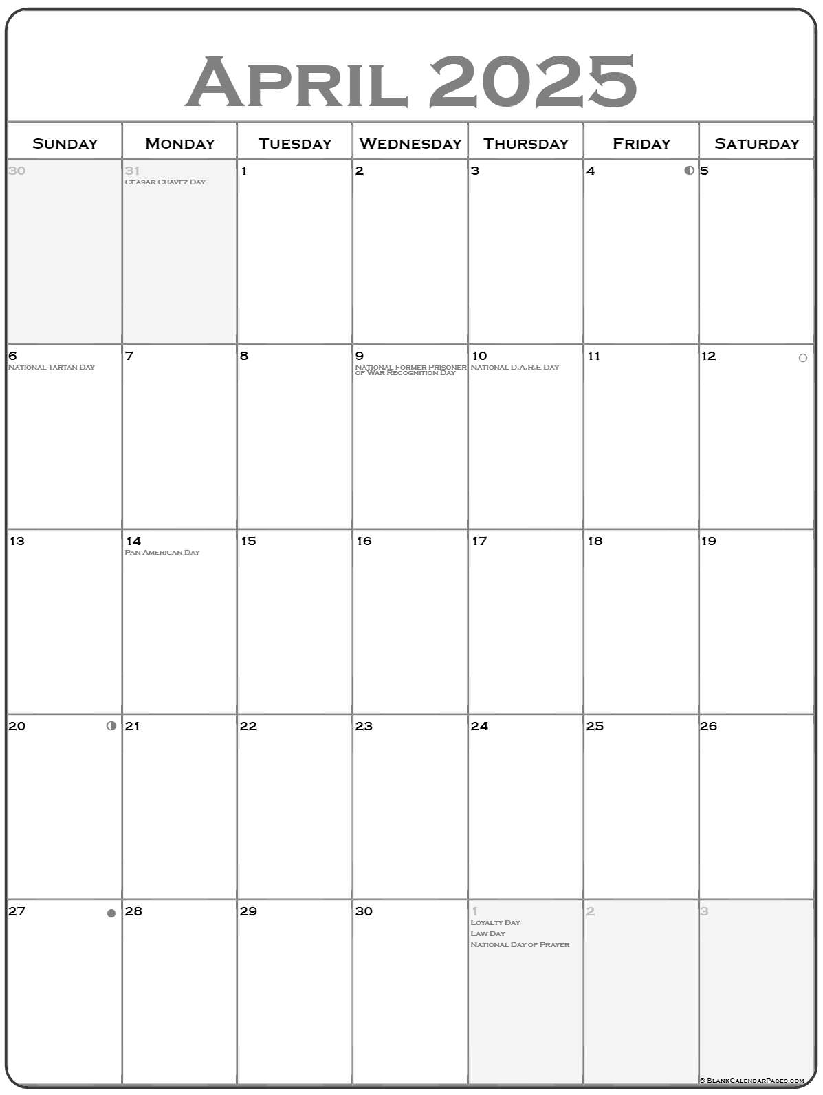 April 2025 Vertical Calendar Portrait