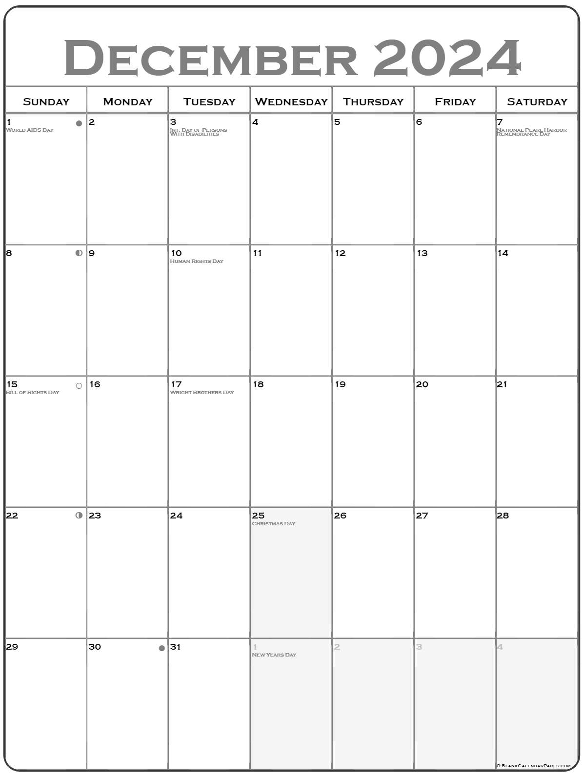 December 2024 Vertical Calendar Portrait