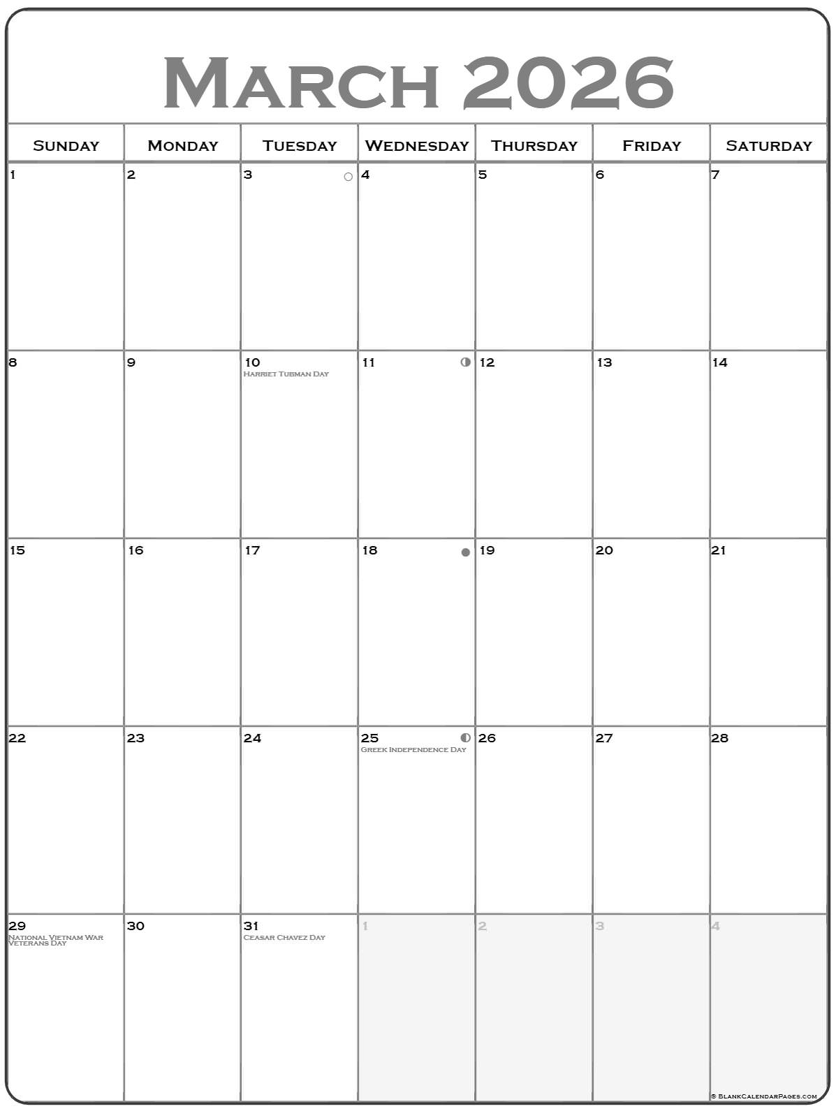 March 2021 Vertical Calendar Portrait
