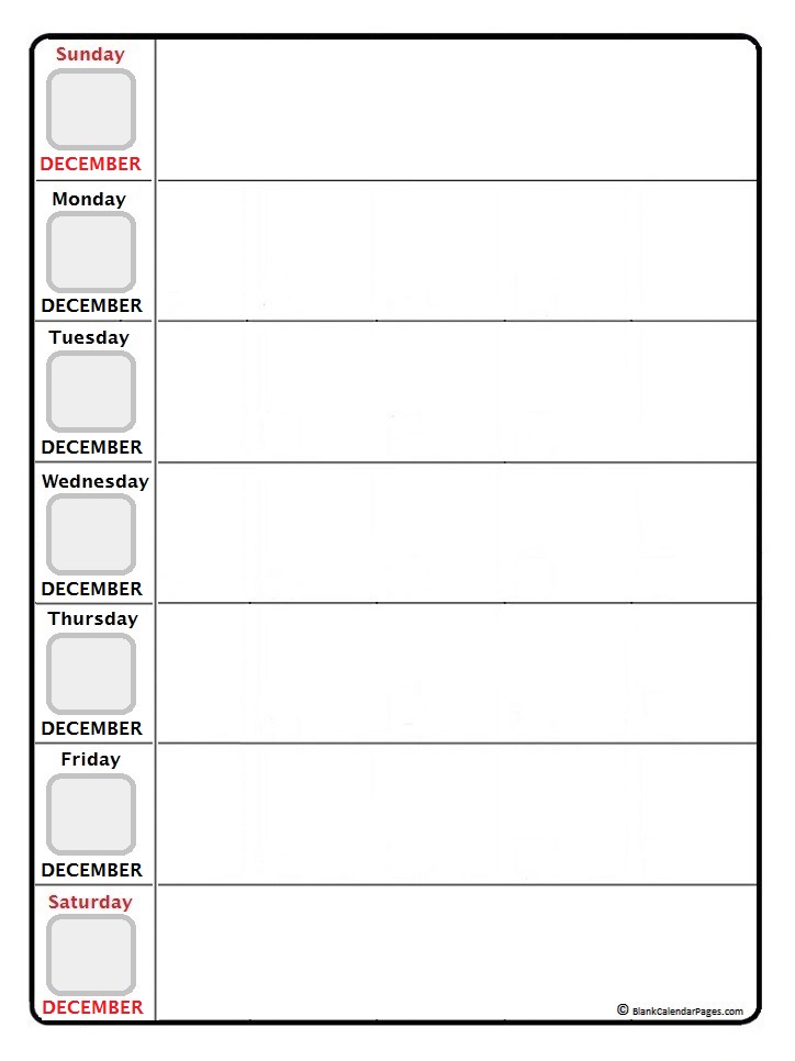 December Weekly Calendar Printable Free