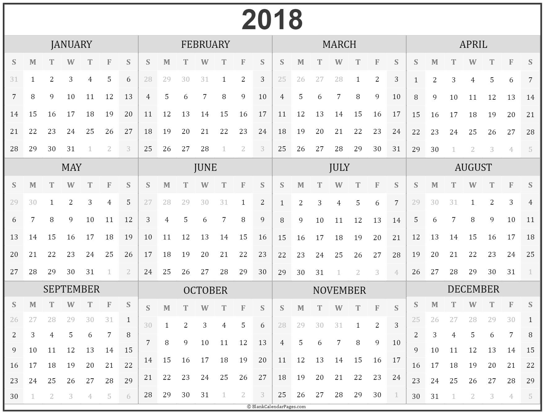 2018 year calendar yearly printable