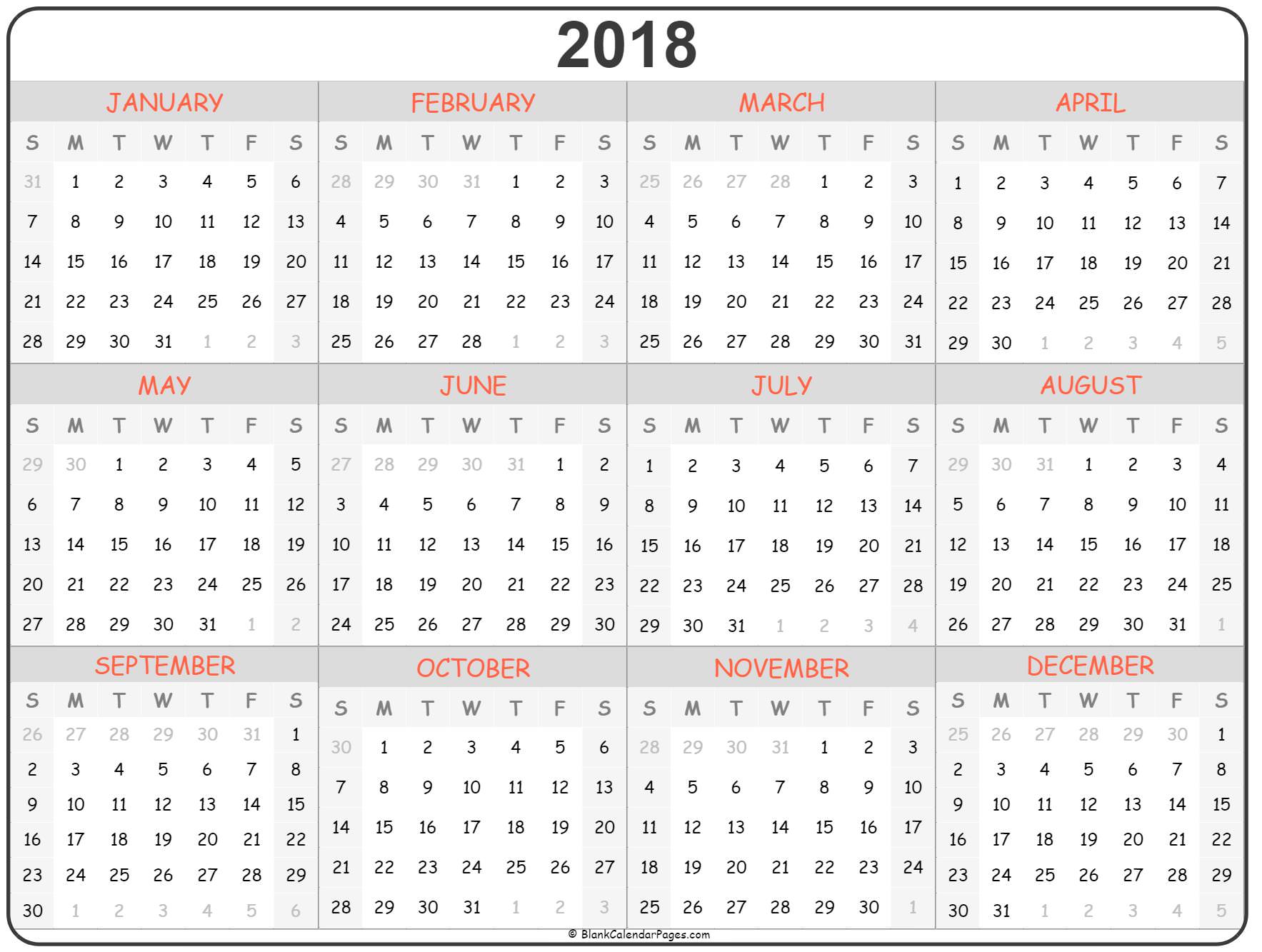 2018 Year Calendar Yearly Printable