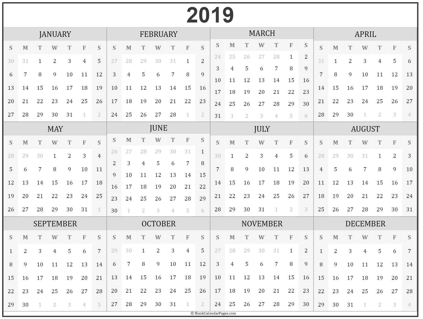 2019 year calendar yearly printable
