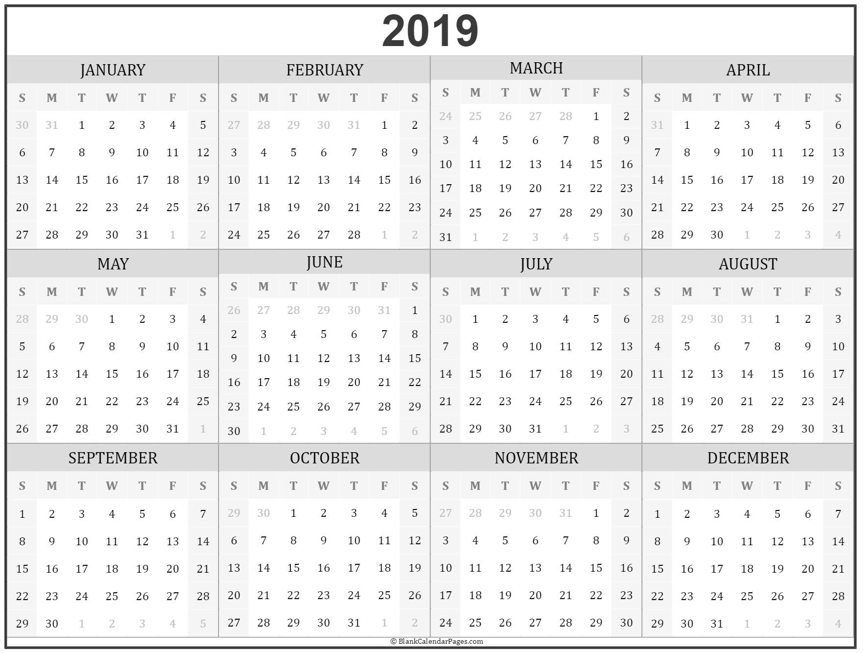 2019 Year Calendar Yearly Printable