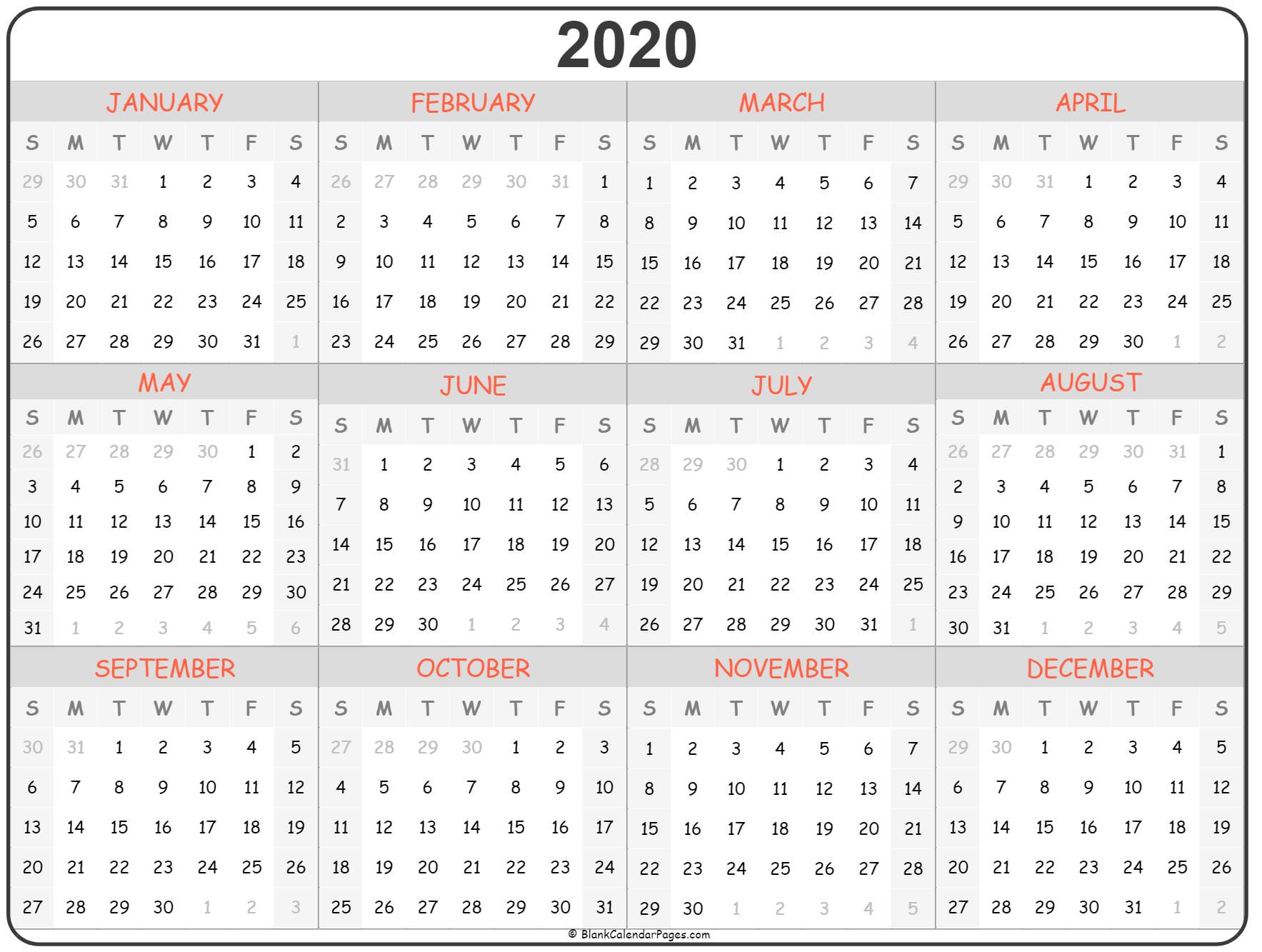  2020 year calendar yearly printable