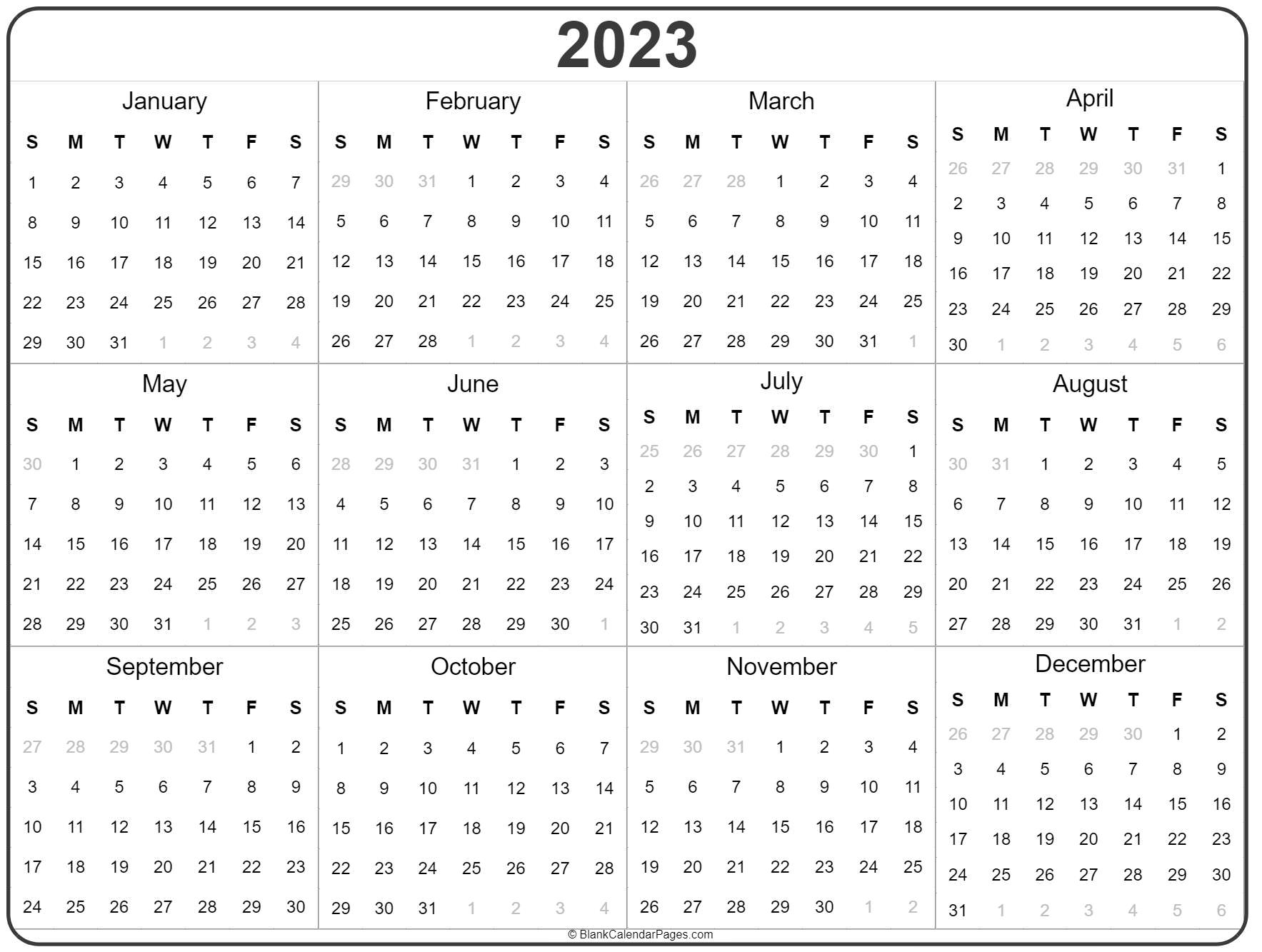 2023 Yearly Blank Calendar Template Free Printable Templates 2023 Calendar Free Printable