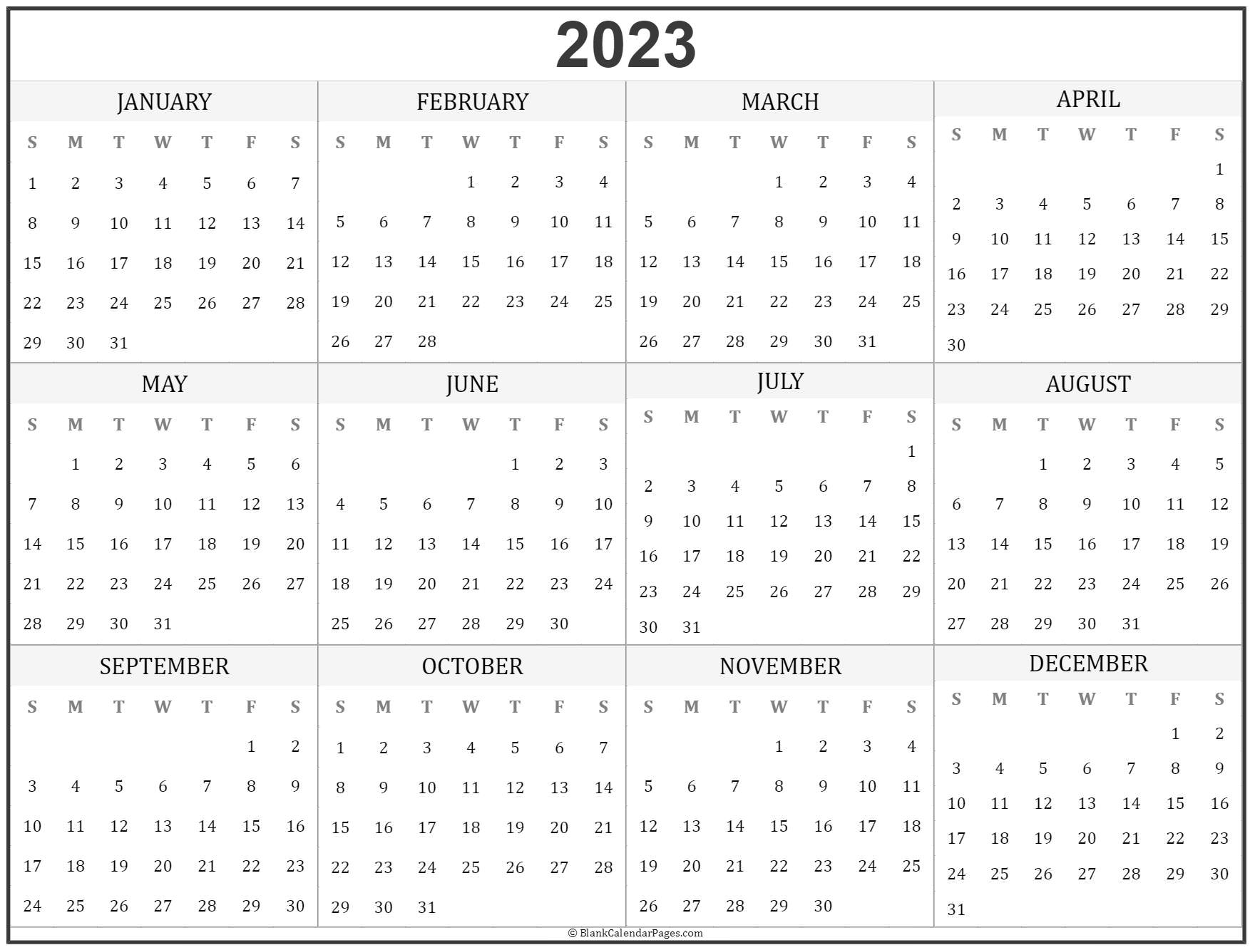 2023 year calendar yearly printable