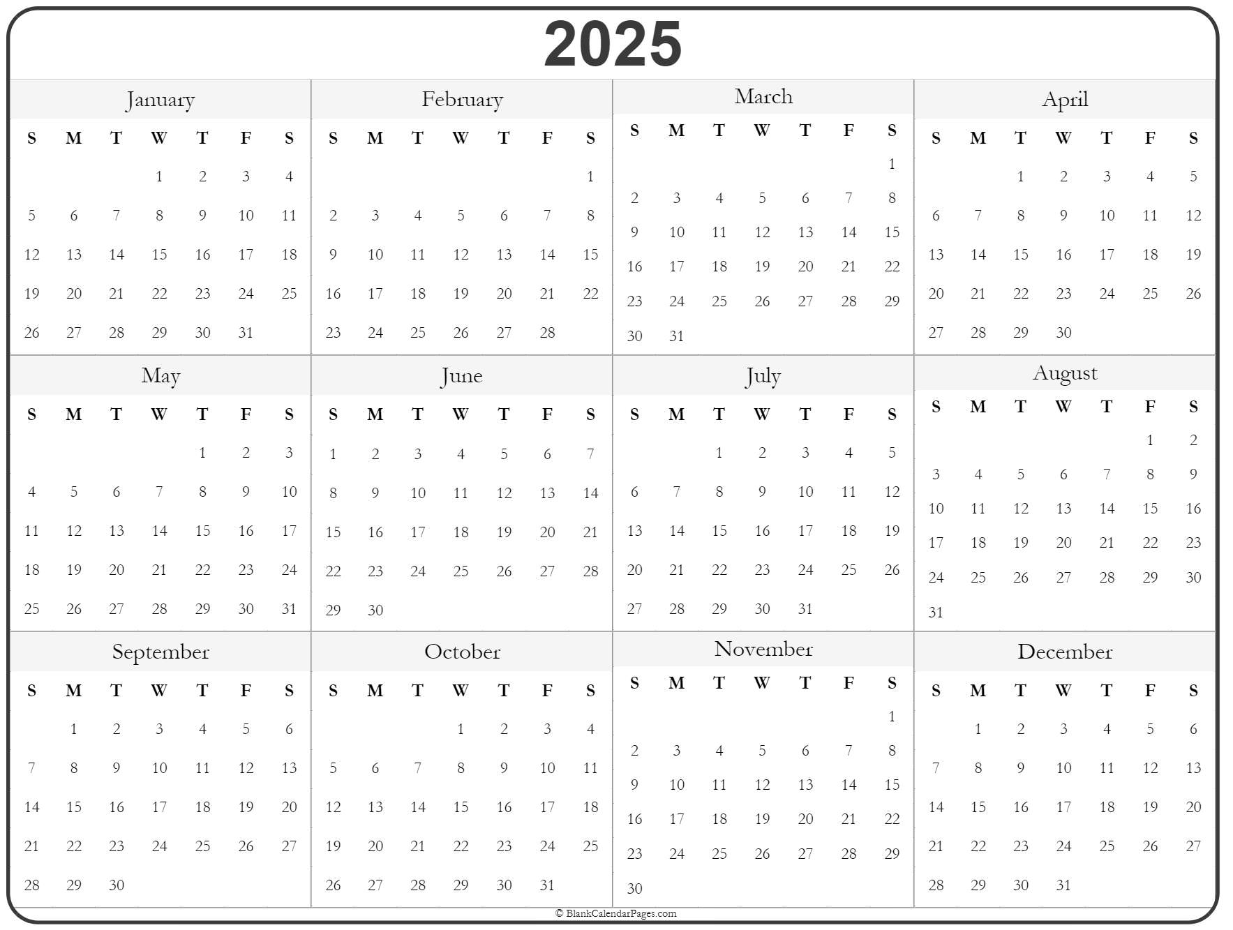 2025 year calendar yearly printable