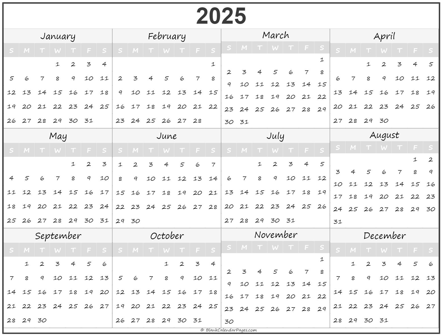 2025 year calendar yearly printable