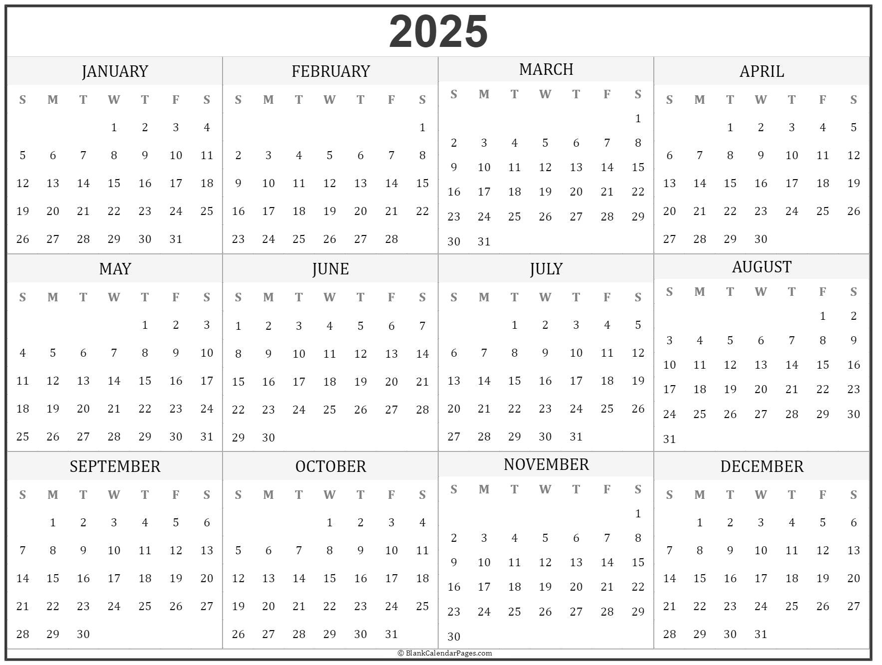 2025 year calendar | yearly printable