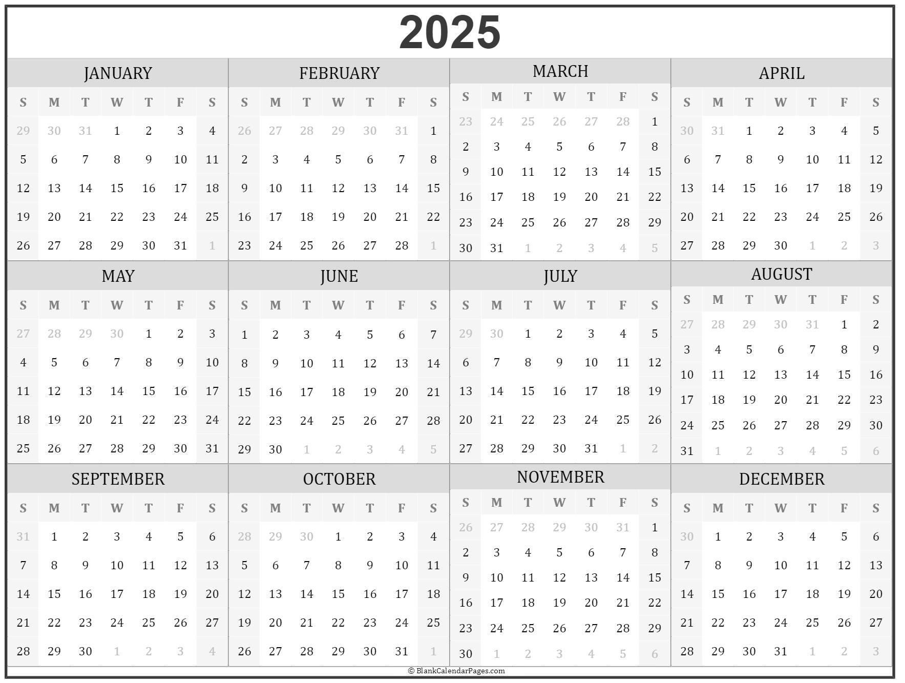 2025 year calendar  yearly printable