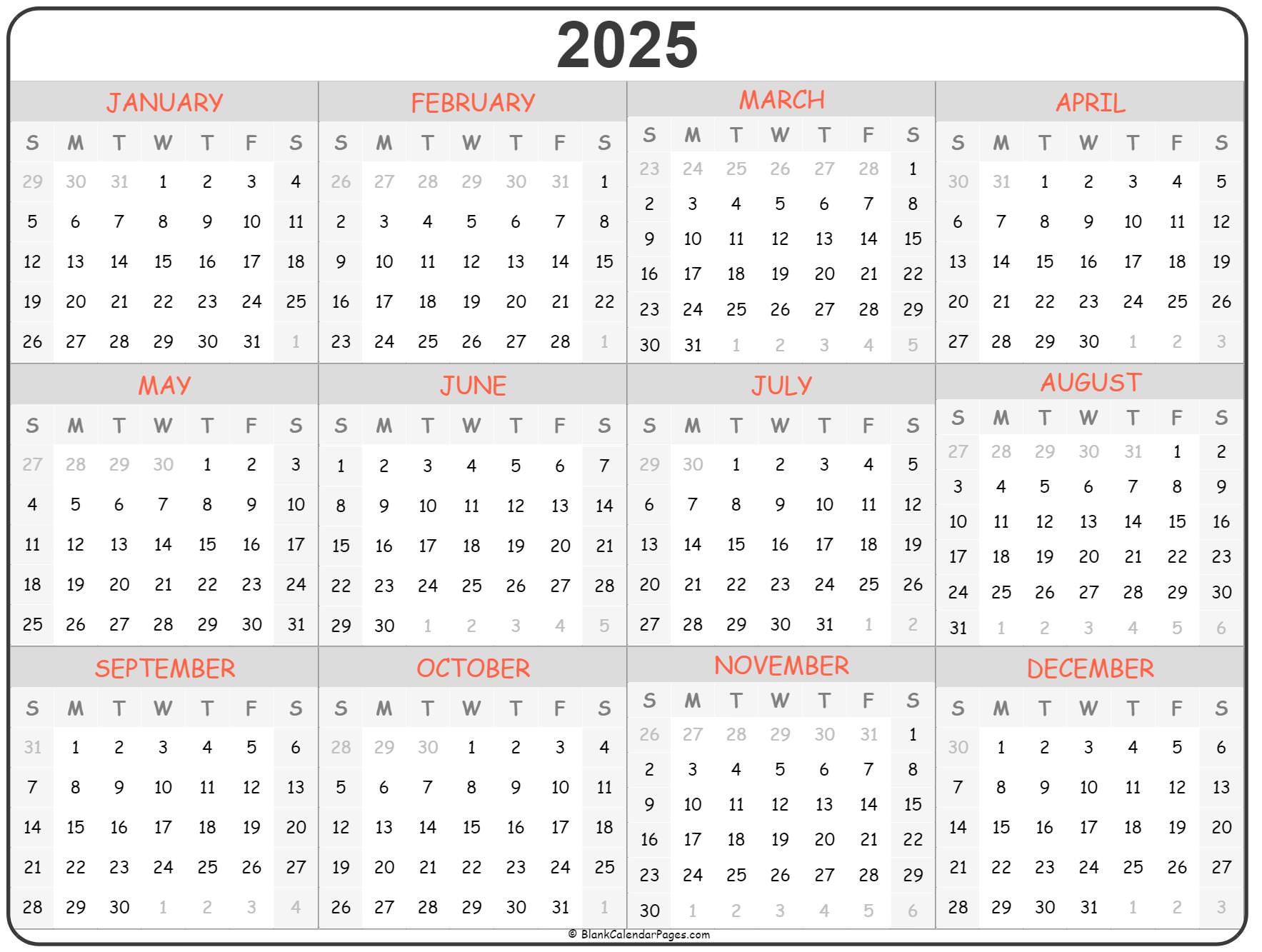 2025 year calendar yearly printable