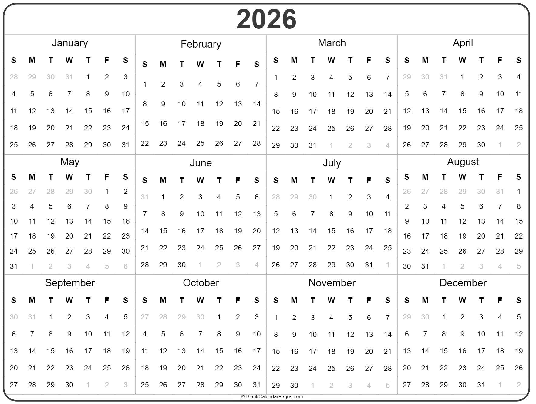 2026 year calendar  yearly printable