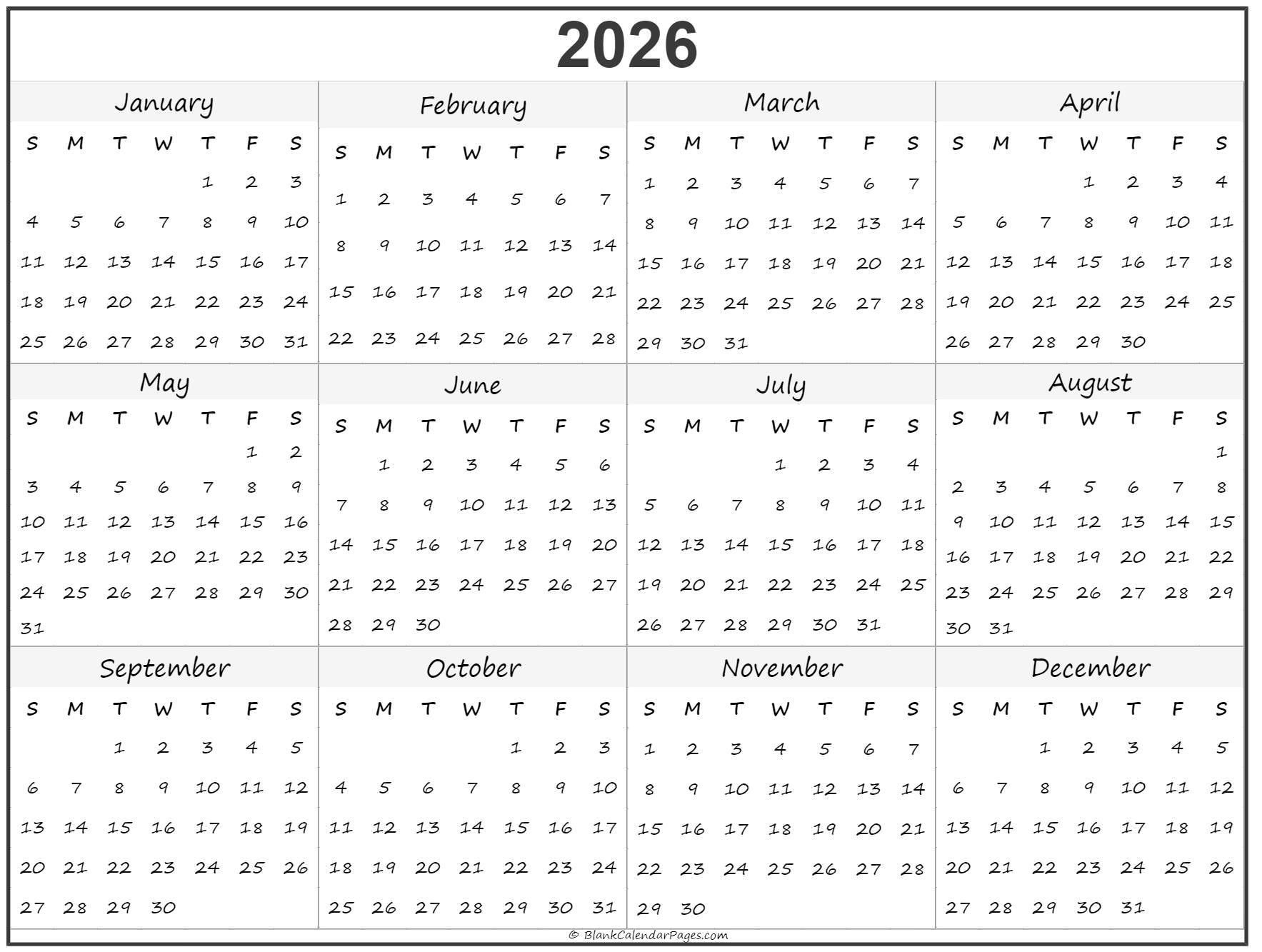 2026 year calendar template.