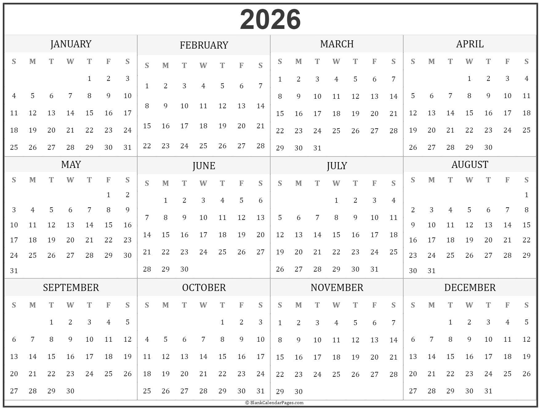 Printable Yearly Calendar 2024 Landscape Best Ultimate Awasome Famous   2026 Year Calendar Yr5 