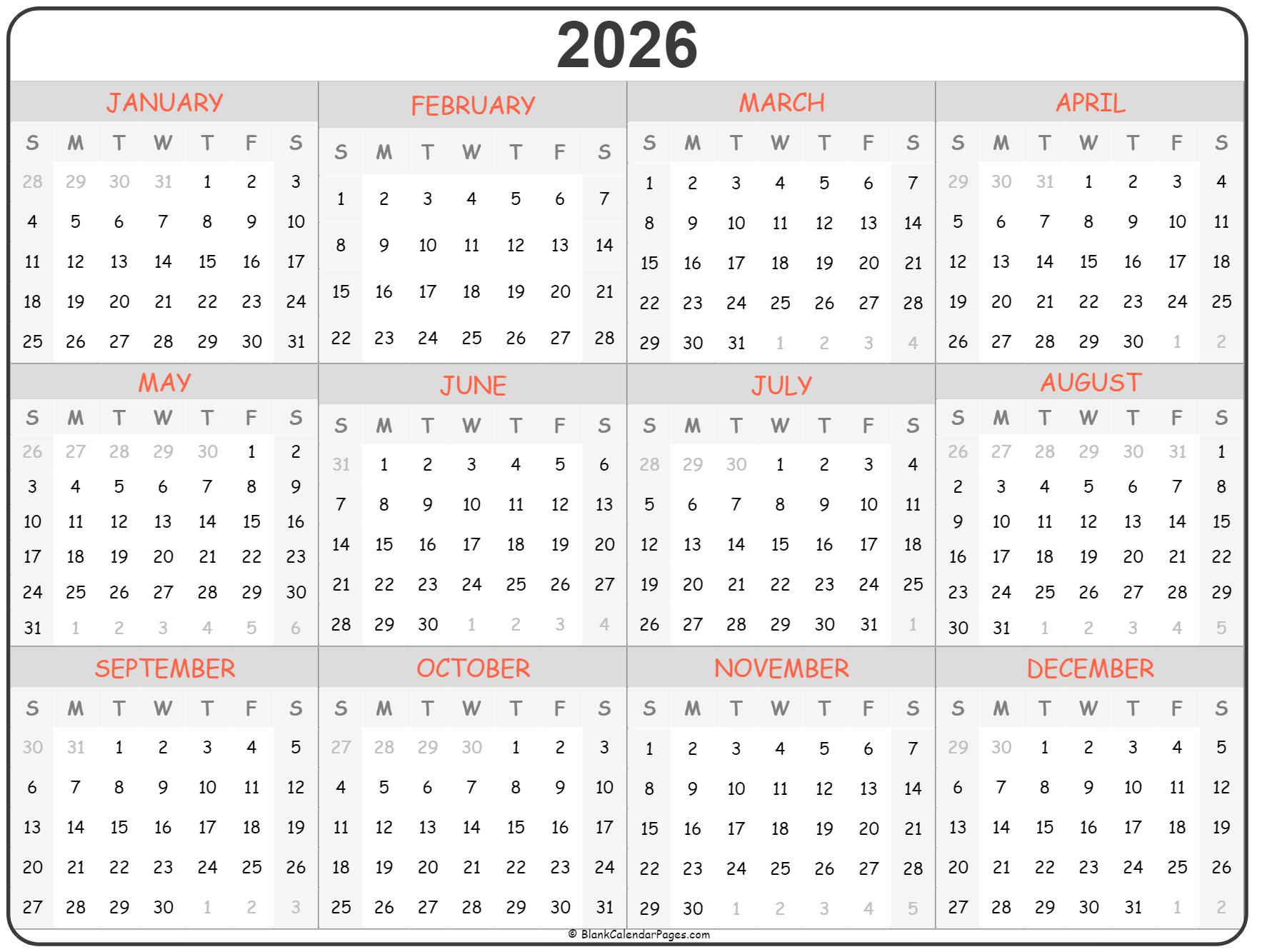 2026 year calendar yearly printable