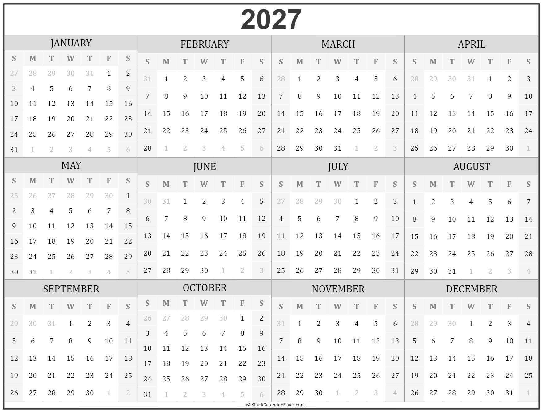 2027 Year Calendar Yearly Printable