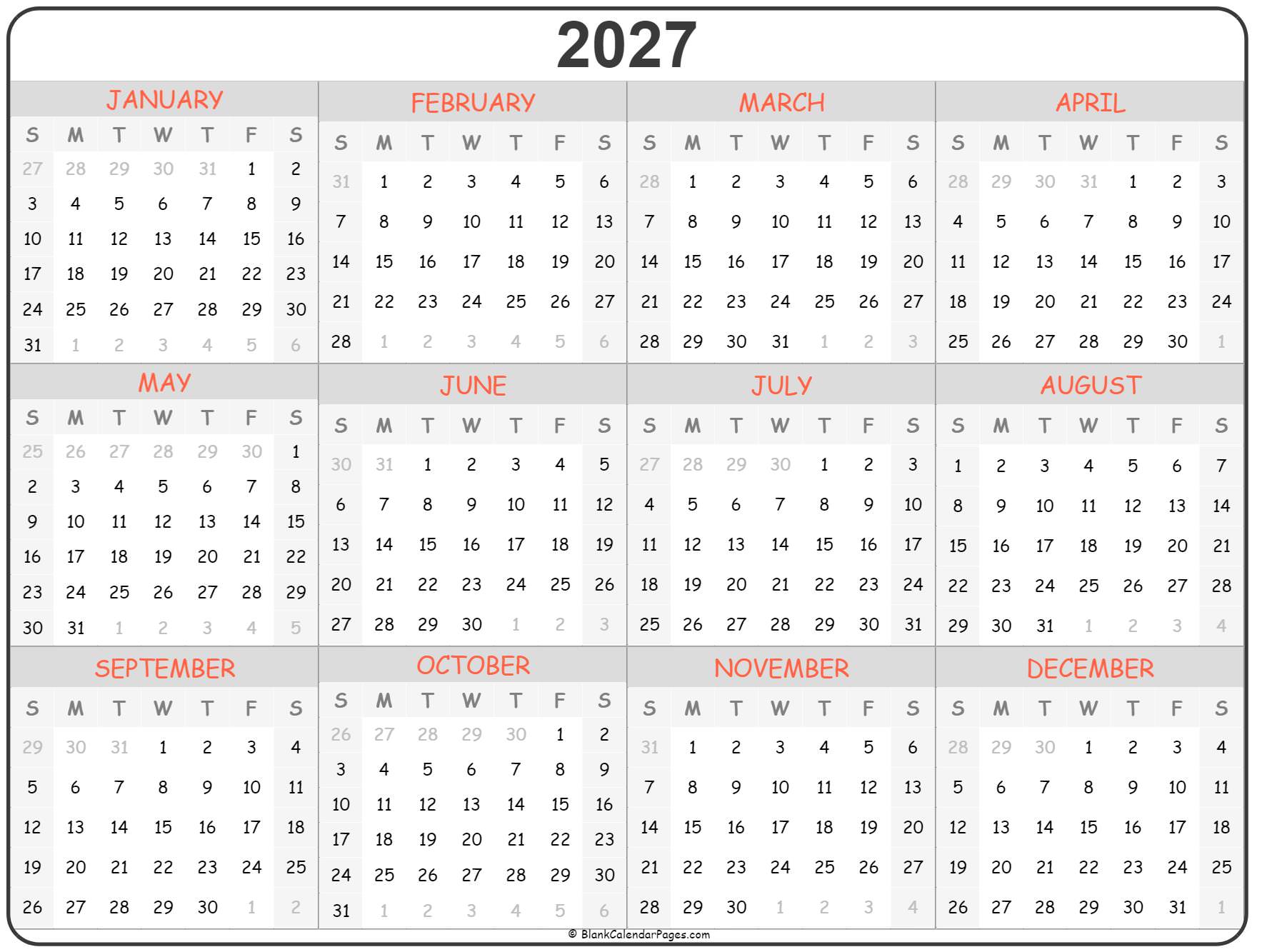 2027 year calendar yearly printable