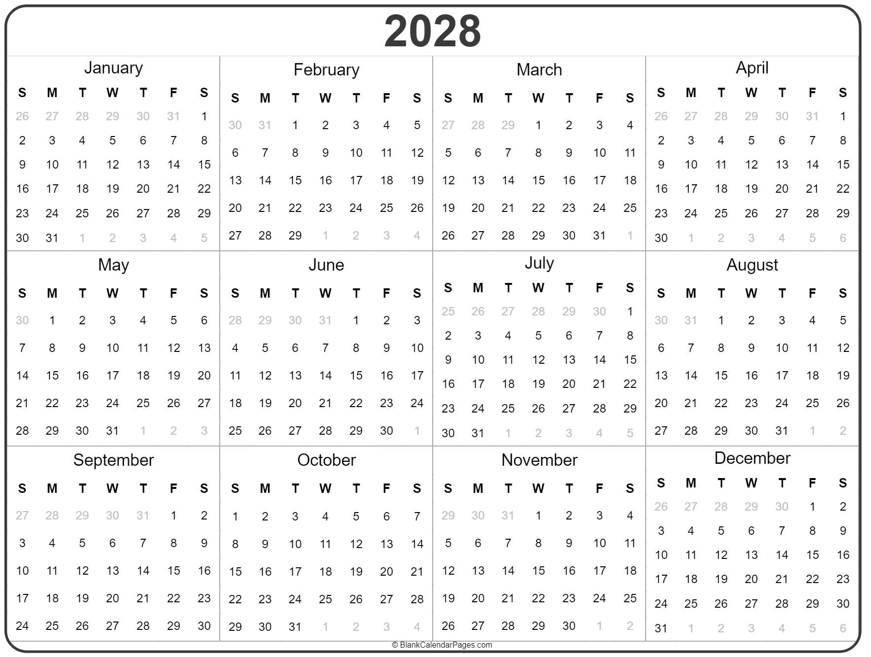 2028 year calendar | yearly printable