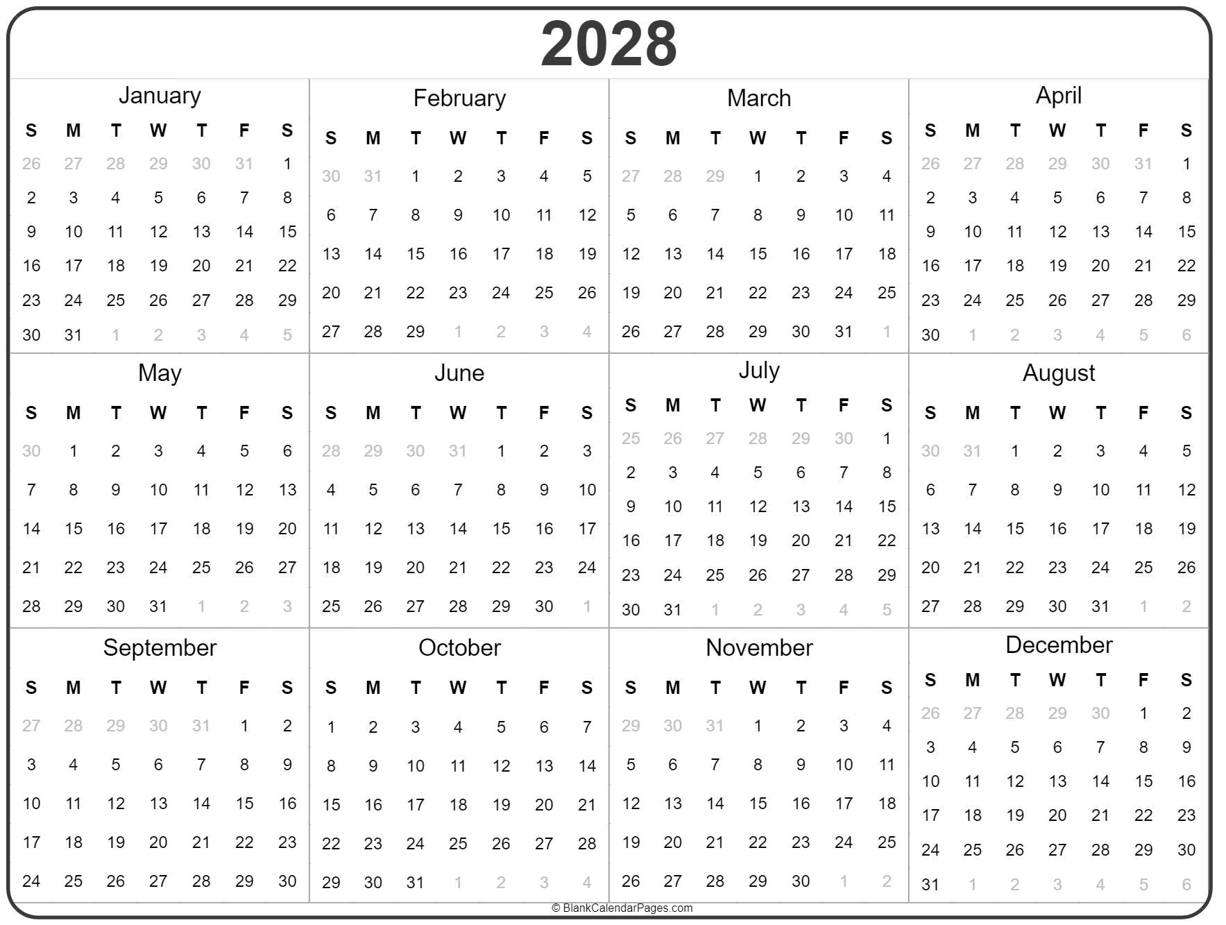 2028 Year Calendar Yearly Printable